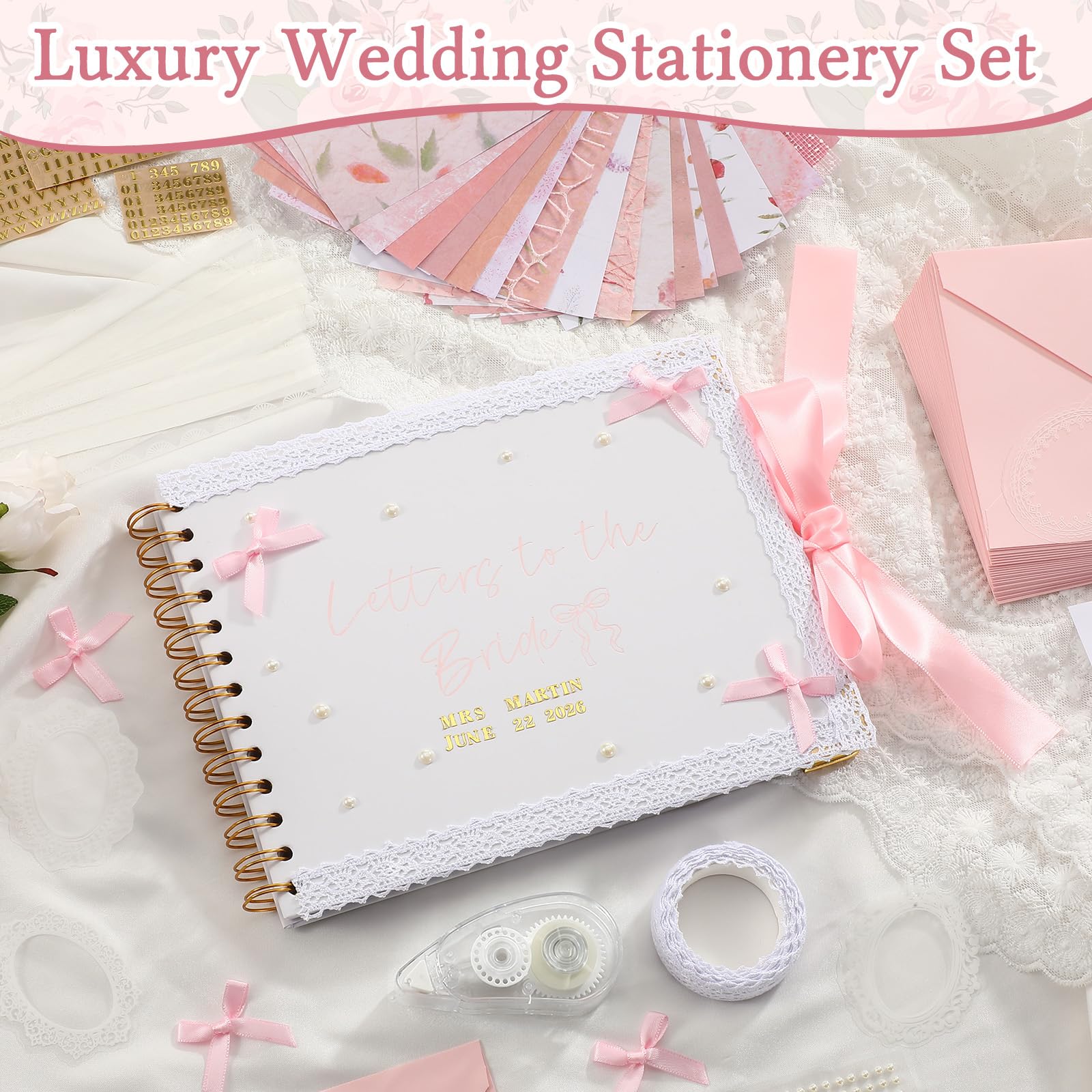 Humyoun Libro de invitados de boda con letras a la novia, álbum de recuerdos de boda, álbum de recortes, álbum de fotos, letrero de invitados con calcomanías de perlas (8.5 x 7 pulgadas, lazo, rosa)