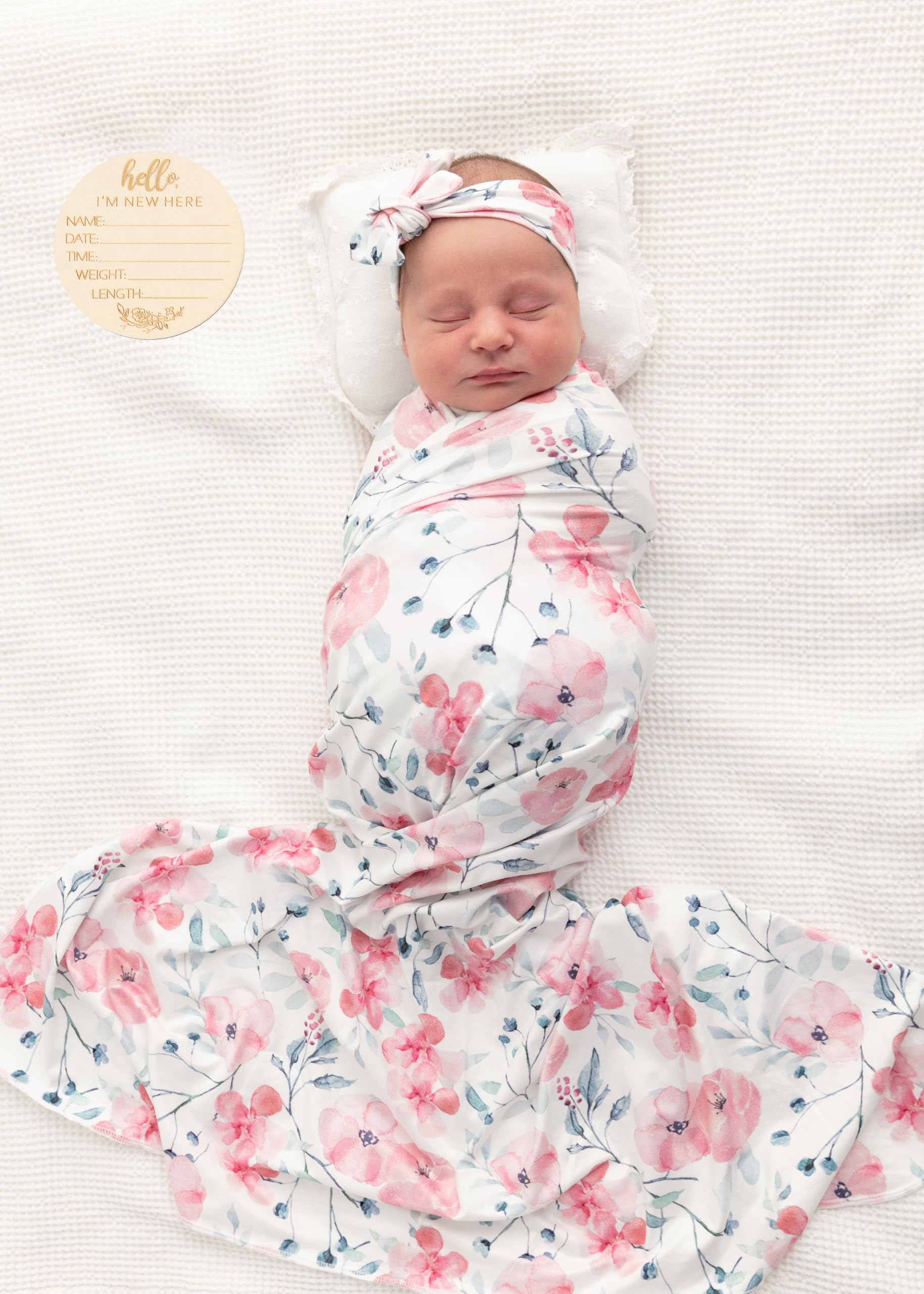 Baby Girls Swaddle and Headband Beanie Set Newborn Receiving Blankets with a Name Card (Pink and Ink)