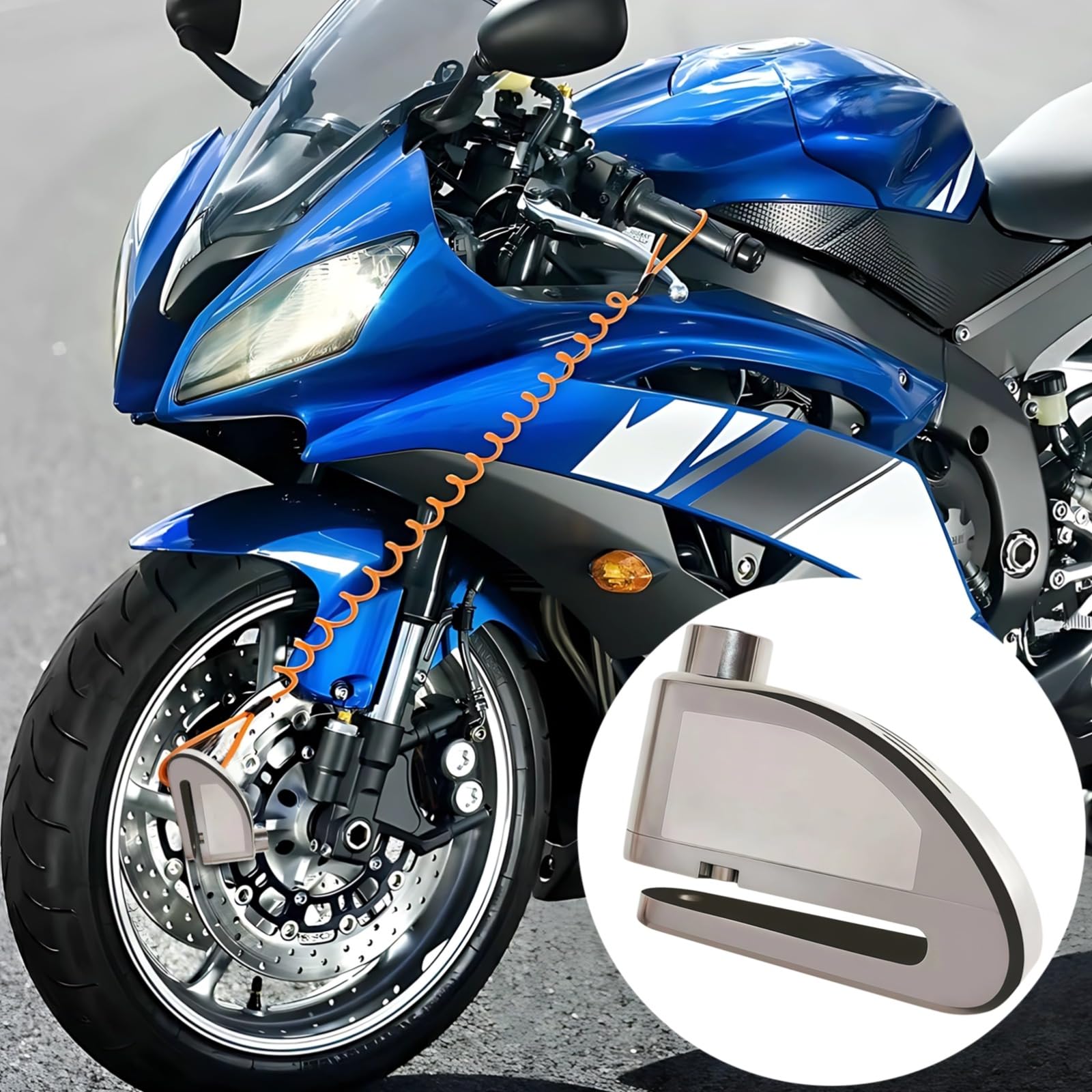 Motorrad-Bremsscheibenschloss mit Alarm, Diebstahlschutz aus Zink- und Aluminiumlegierung, 110 dB Signalton, wasserdicht, 2 Schlüssel und Erinnerungsseil, passend für Bremsscheiben, Silber