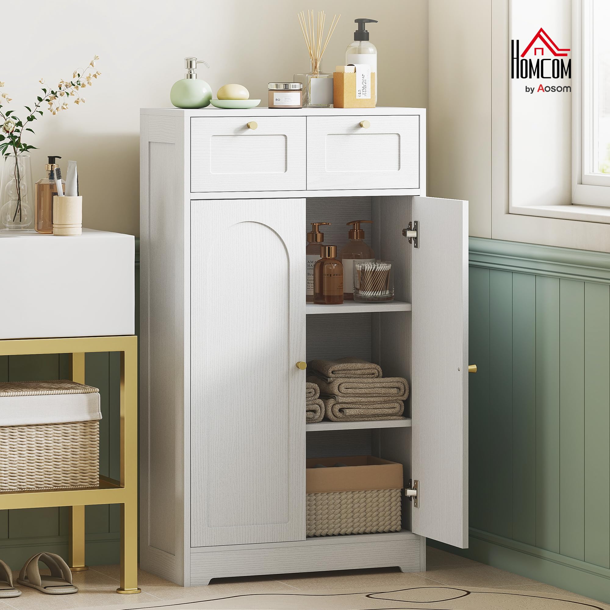HOMCOM Armario de Baño Estrecho con 2 Cajones 60x30x108 cm Blanco Veteado | Mueble Auxiliar de Baño, Estante Abierto, Puerta con Panel Arqueado, Estilo Moderno, para Espacios Pequeños