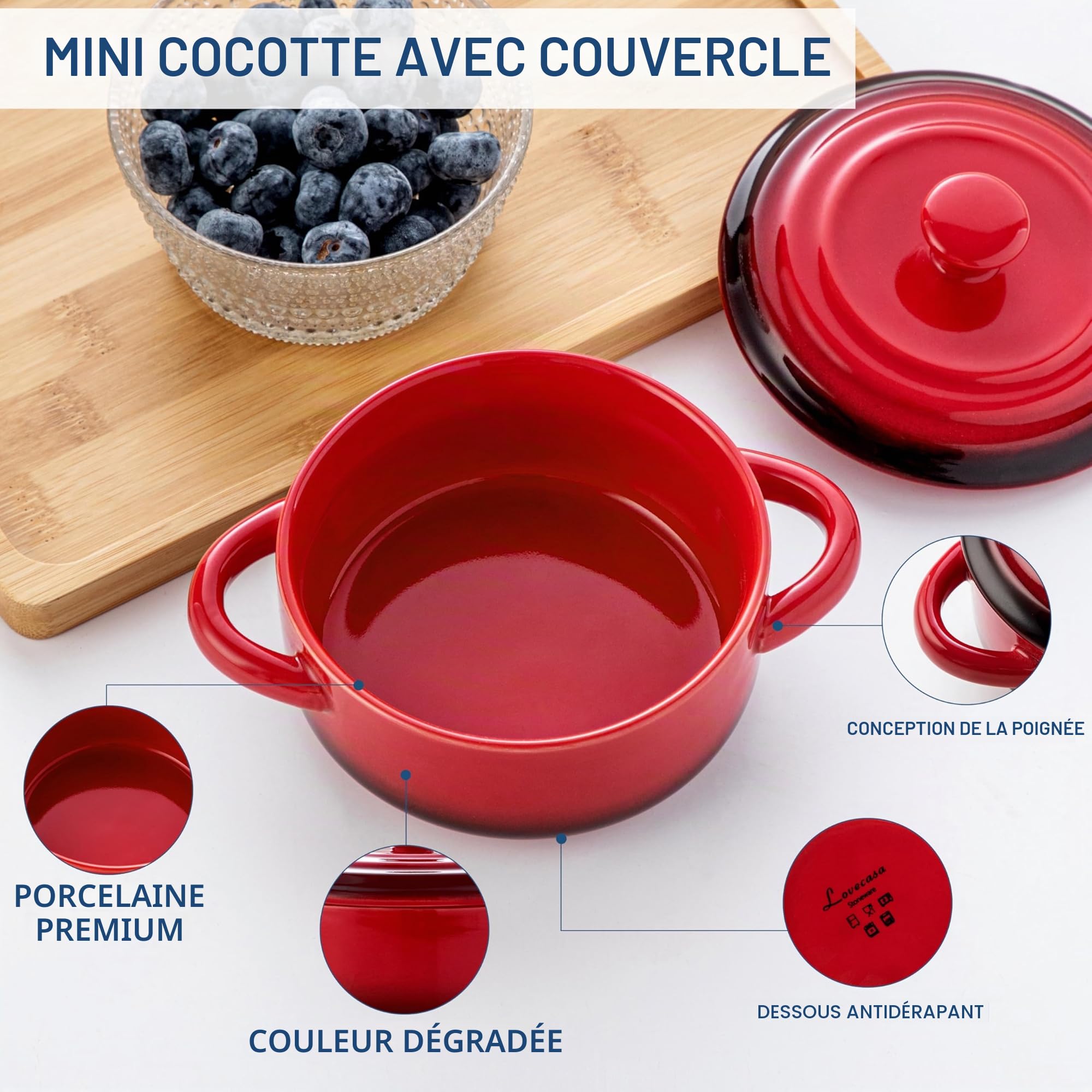 LOVECASA Mini Cocotte Individuelle en Grès pour four avec Couvercle - 4 X 380 ml Petite Cocottes Ronde Ramequin Crème Brûlée pour la Cuisson - Passe au Lave-vaisselle - Rouge Dégradé (Ø12.3 x H5.1 cm)