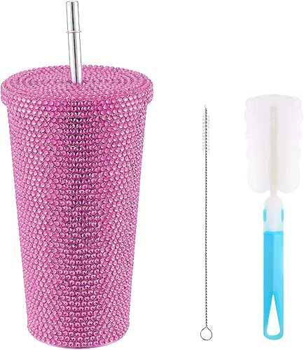 Miniatura 1 de Vaso de agua con diamantes de imitación de 16.9 fl oz, con tapa y pajita, de acero inoxidable, con aislamiento, con purpurina, cepillo para taza y