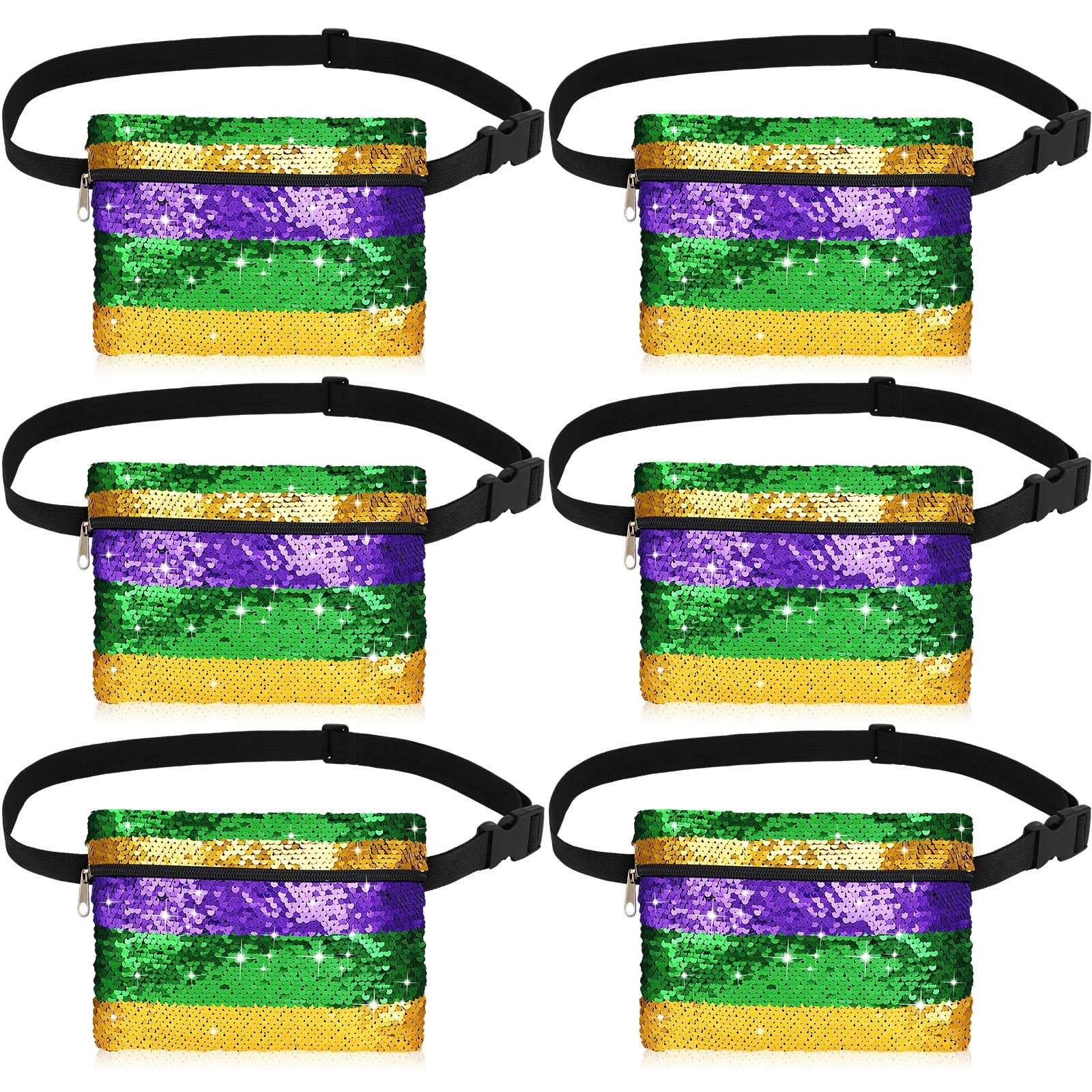 Abbylike 6 Pcs Mardi Gras Sequin Fanny Packs for Women Adjustable Mardi Gras Purse Accessories Adult Unisex Stripe Sequin Fanny Pack for Carnival