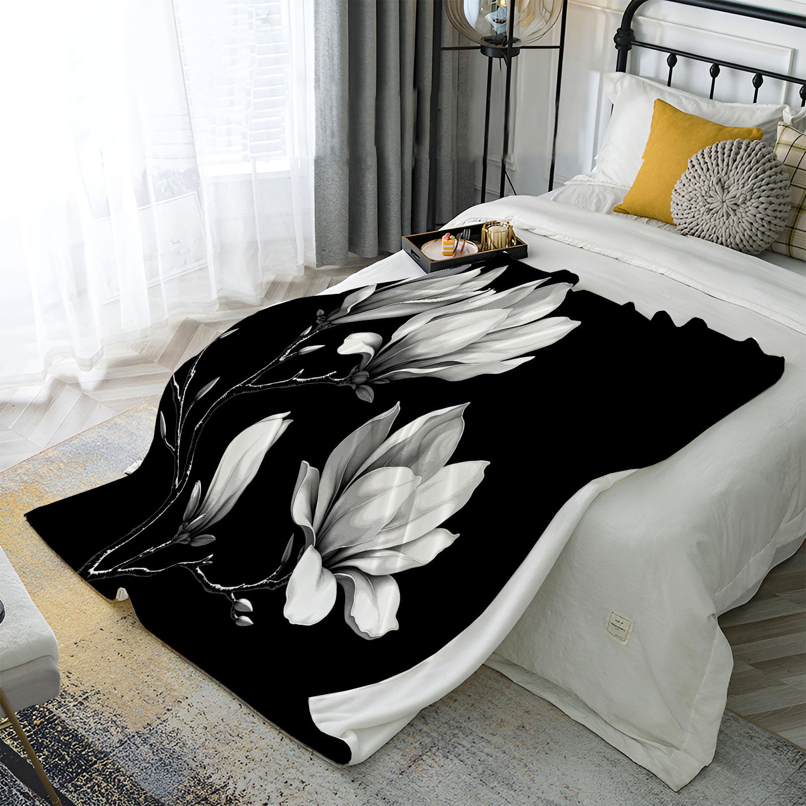 Couverture polaire douce 150x200 cm idée cadeau maison motif magnolia