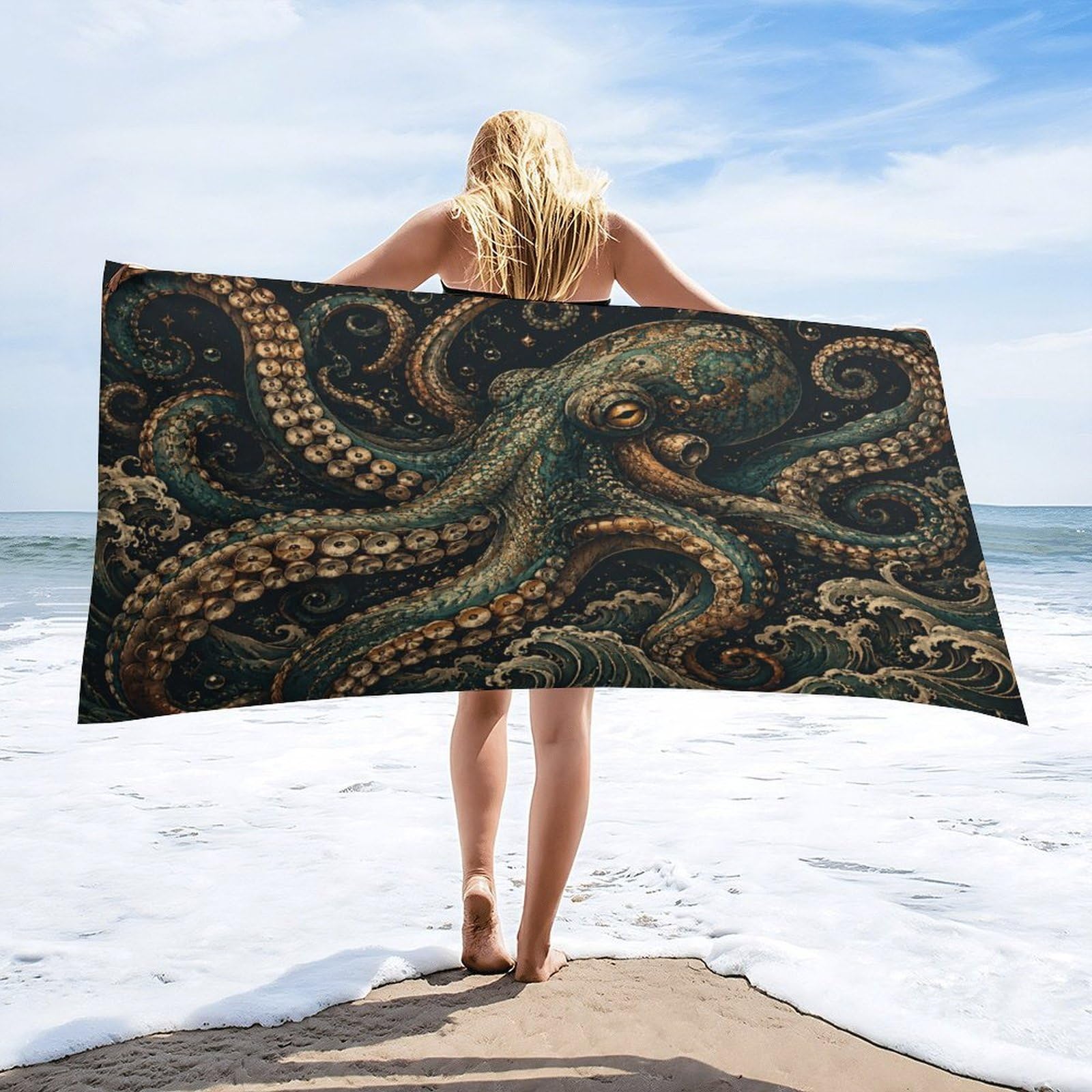 Anceky Ocean Octopus Waves Deep Sea Beach Towel 30"×60",Soft Microfiber Bath Towel Shawl, Quick Dry Absorbent Pool Spa Gym Shower Towel