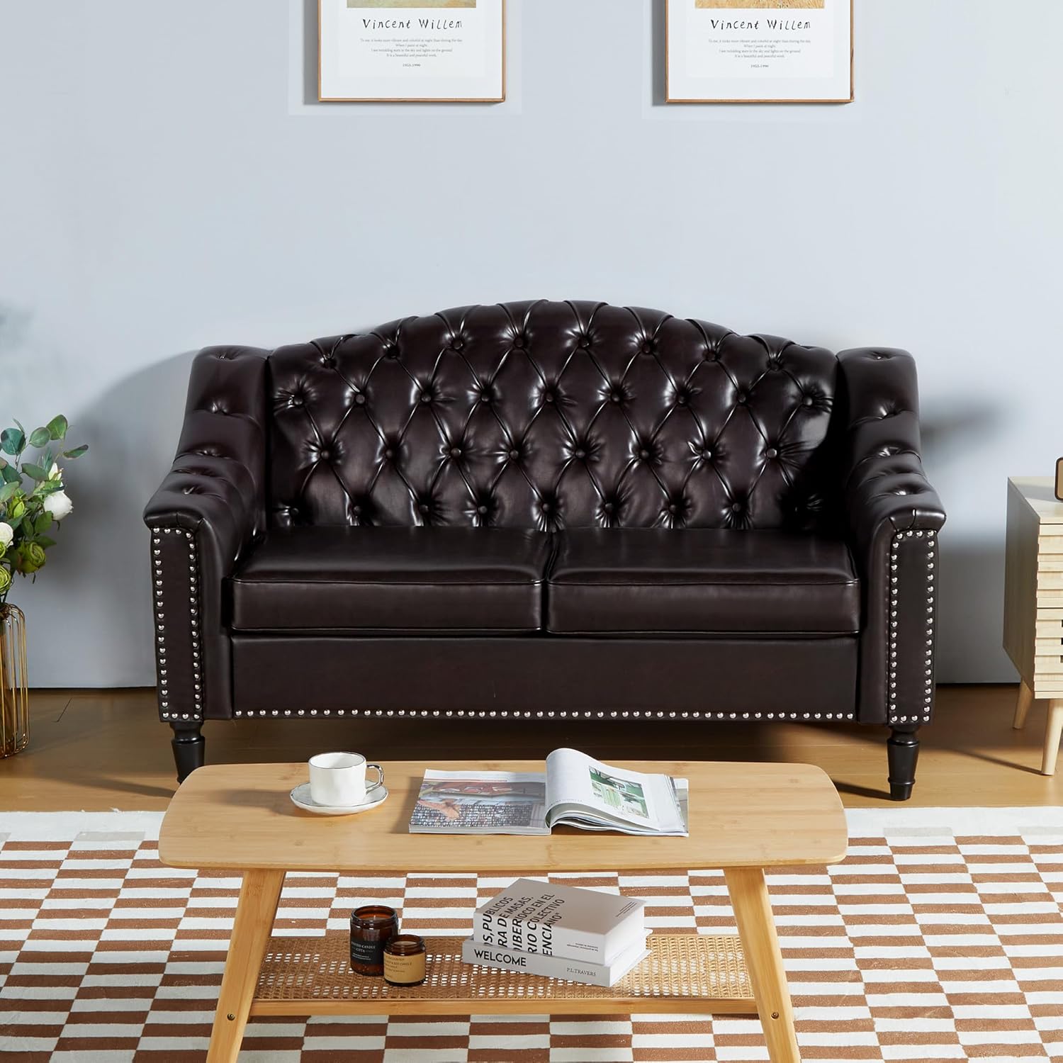 AVZEAR Chesterfield Loveseat Sofa, Mid-Century Modern Upholstered PU Sofa, 2 Seater Couch with Nailhead Trim and Button Tufted for Living Room, Office, Bedroom, Brown