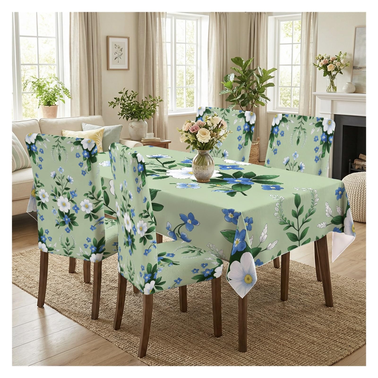Housses de chaise extensibles et nappe imprimé floral bleu blanc déco printanière
