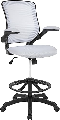 Miniatura 1 de Flash Furniture Kale Silla de dibujo ergonómica de malla blanca con respaldo medio  Anillo de pie ajustable, brazos abatibles