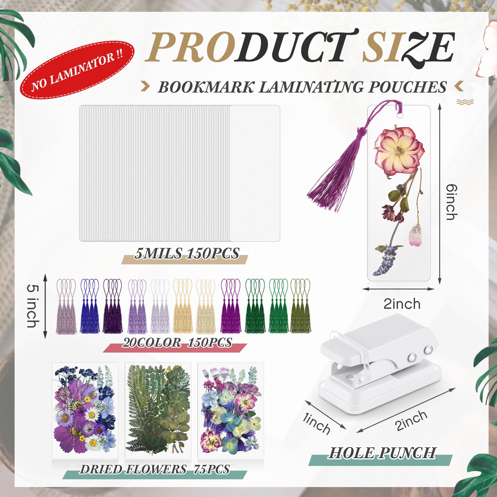 Fuyoooo Kit da 150 segnalibri con fiori secchi, 2 buste trasparenti per laminazione per segnalibro da 15 cm, per la festa della mamma, amanti dei libri (viola)