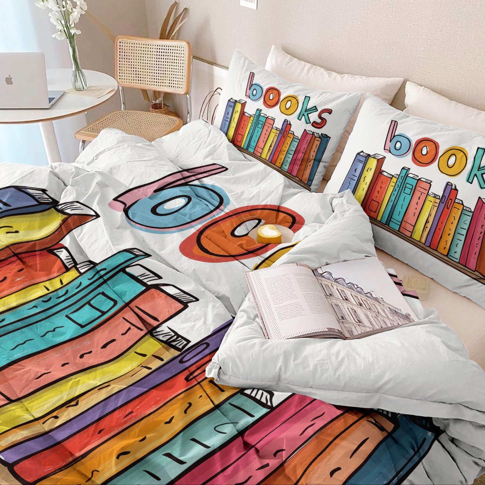 Generico Biancheria Da Letto Per Ragazze 200 x 200 cm, Fumetti Libri Linee Set Di Biancheria Bambini 3 Pezzi - Chiusura Lampo Copripiumino 2 Federa 50 X 75 Cm Bianco