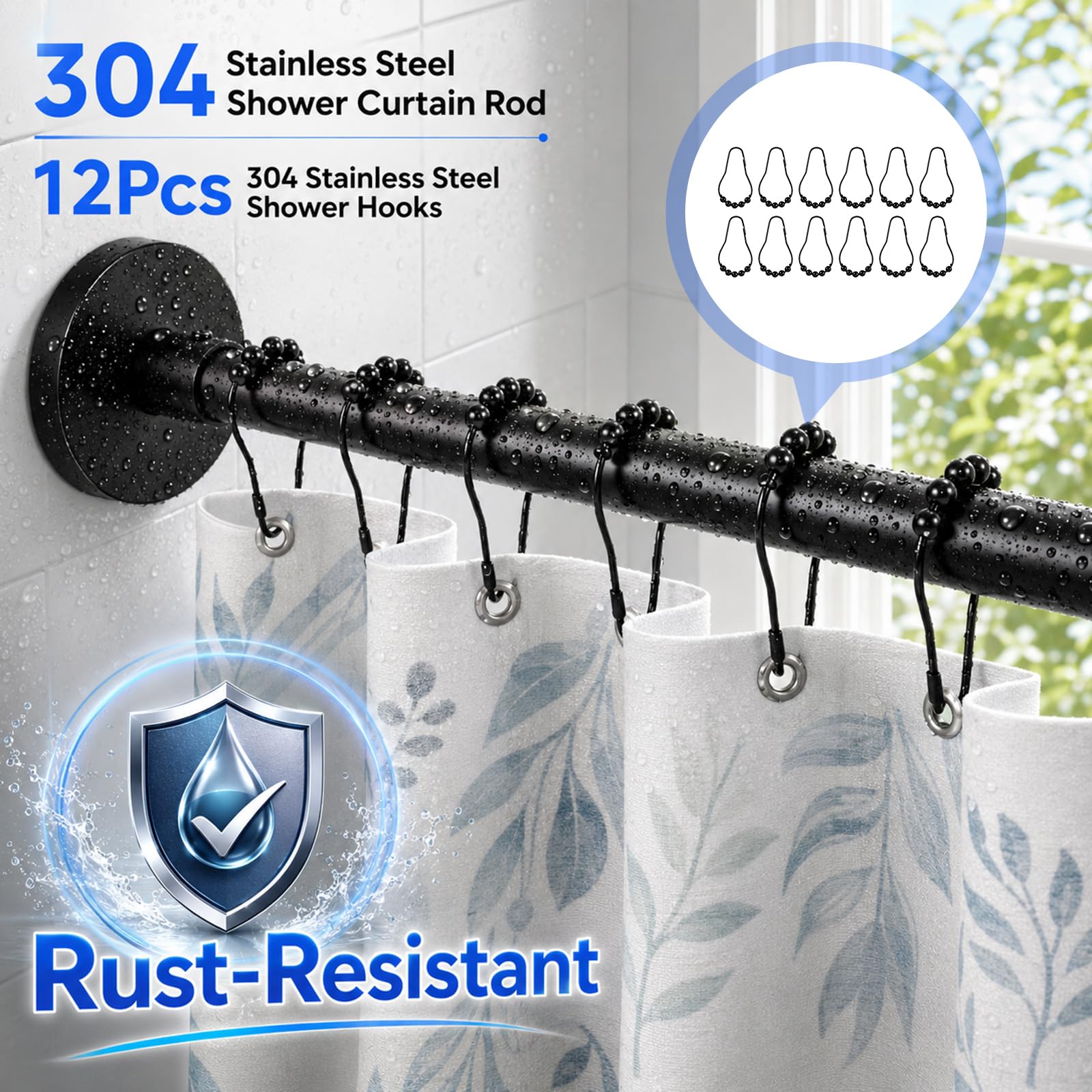 Duschvorhangstange L Form ohne Bohren, 90-130cm Verstellbare Duschstange Ecke, SUS304 Edelstahl Duschvorhang Stange Badewanne mit 12 Haken, für Badewanne/Badezimmer, Schwarz