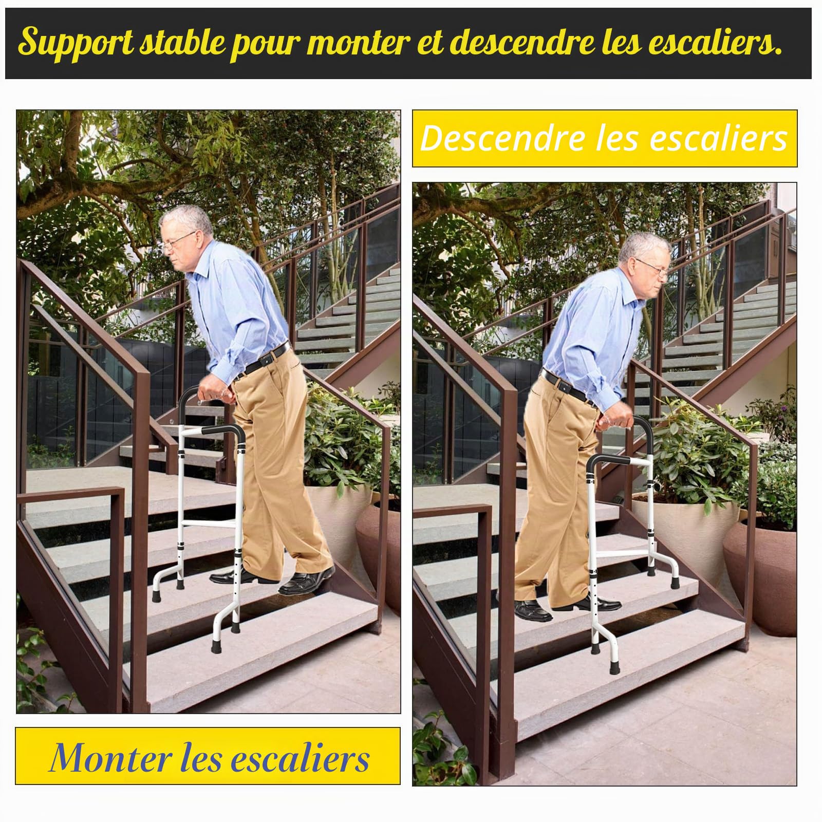 Aide à la montée d'escalier en aluminium - Hauteur réglable : 76 à 117 cm - Hauteur réglable - Pour personnes âgées et adultes - Charge maximale : 136 kg