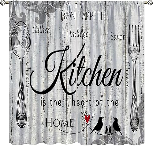 YCness Cortinas de cocina de granja, tenedor rústico y cuchara de madera, tablero de madera, retro, vintage, estampado de madera, sala de estar,