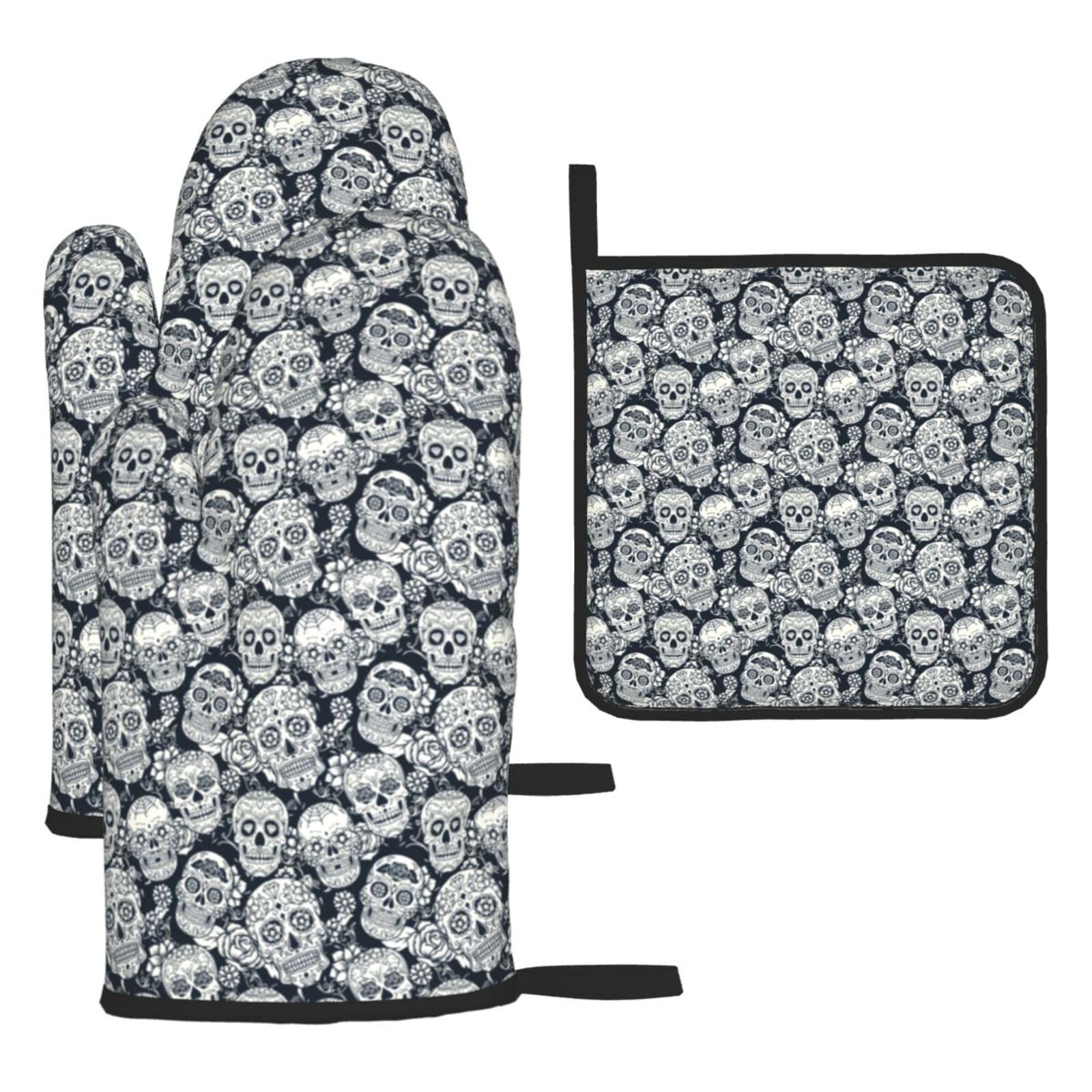 Floral Skull Print Oven Set Kitchen Gloves Baking Grilling Microwaving Cooking Gift Everyday Holiday