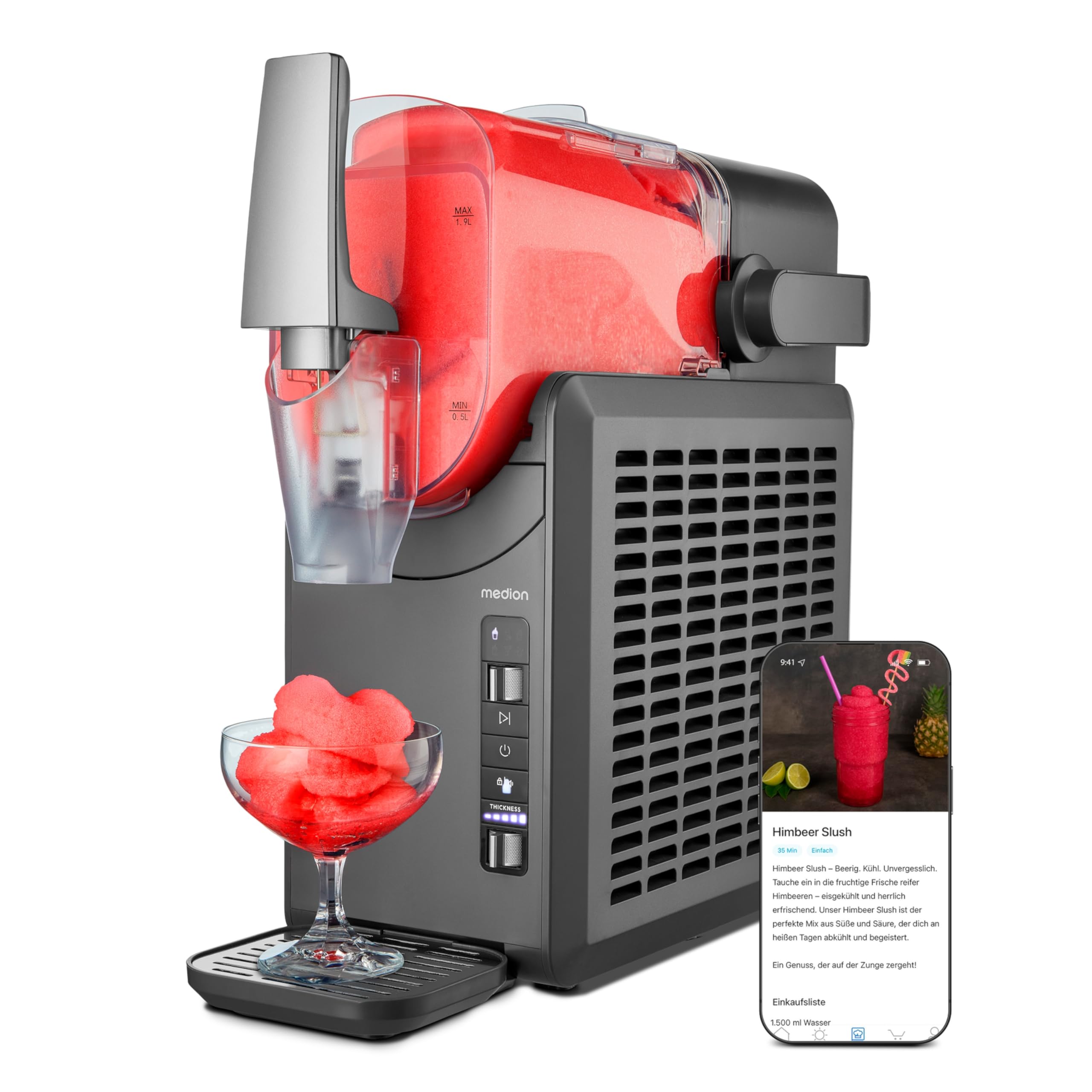 MEDION Slush Maschine (2,6 Liter Slush-Eis Kapazität, 1,9 Liter Fassungsvermögen, Slush Ice Maker für Getränke, 5 Getränkemodi, 30-60 Minuten Zubereitungszeit, Kompressor, Slush Eis Maschine, MD12090)