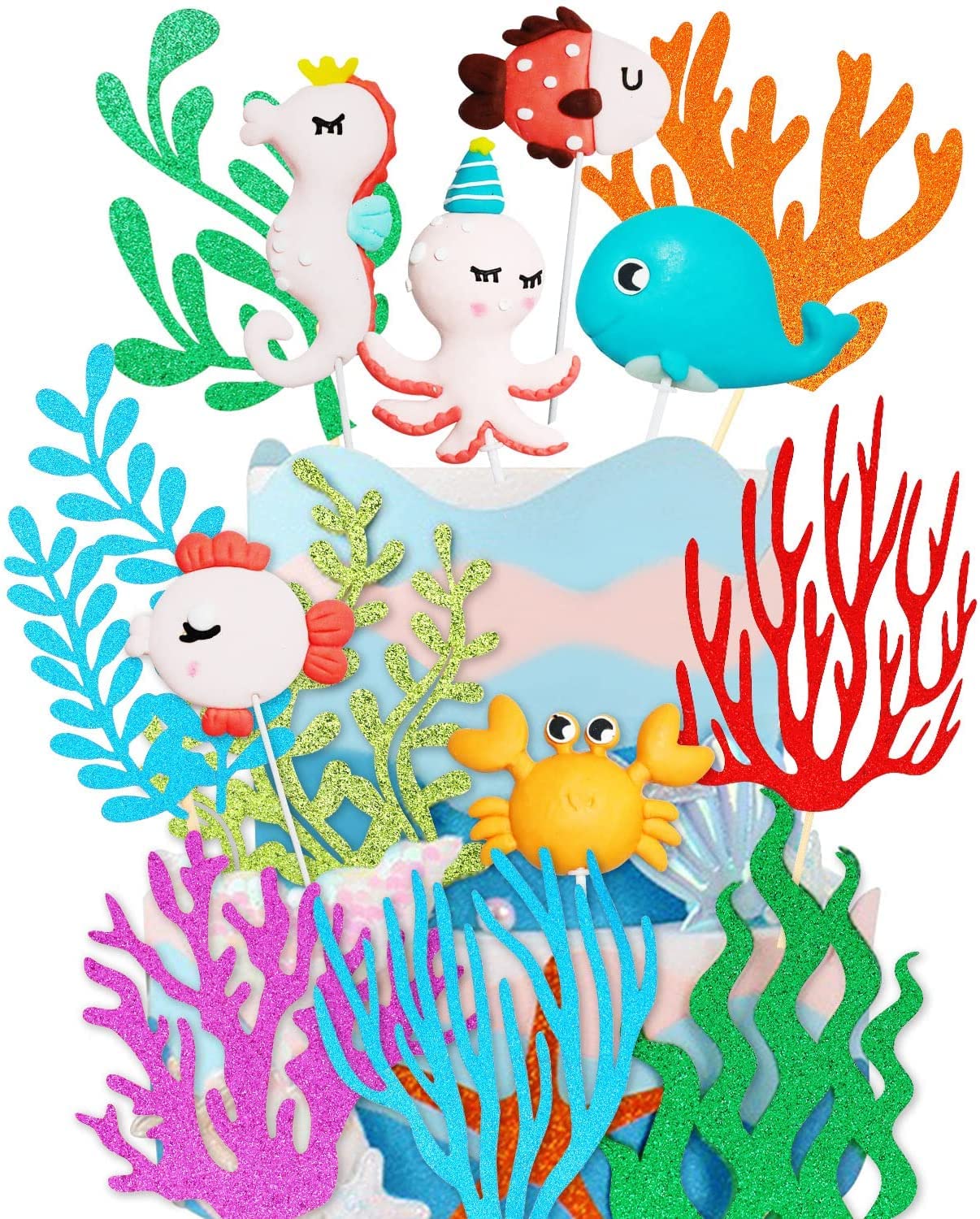 14 Piezas de Adorno para Tarta de Temática Océano, 3D Vida Marina e Purpurina Coral de hierba Marina Decoración de Tartas, Decoración Tartas del Temática Océano para Fiesta cumpleaños Infantil