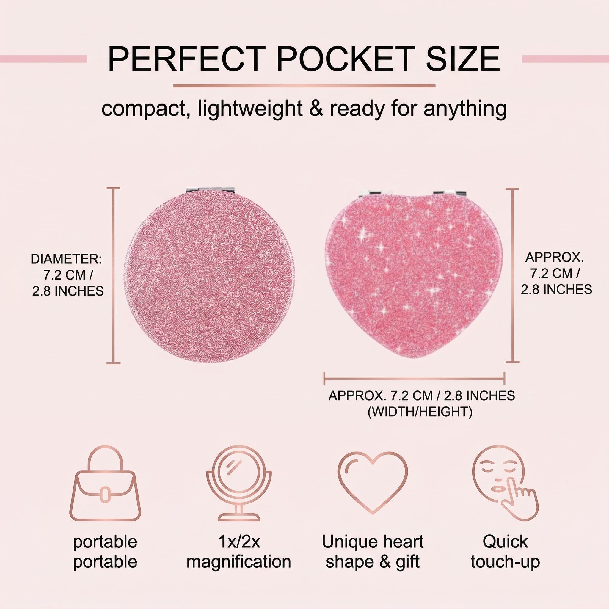 2 Pcs Specchietto da Borsetta Mini Glitter Specchio da Trucco Pieghevole Portatile 2 Lati 1x/2x Ingranditore per Donne e Ragazze (Rosa)