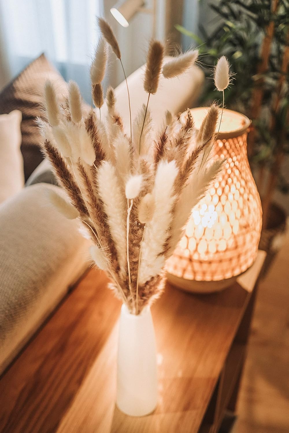Pampas Grass Vase Included and BunnyTail Decor ! Bouquet for Home and Wedding Centerpiece White and Natural Beautiful Decor 60 PCS | Home, Wedding, Office, Photography Decor!