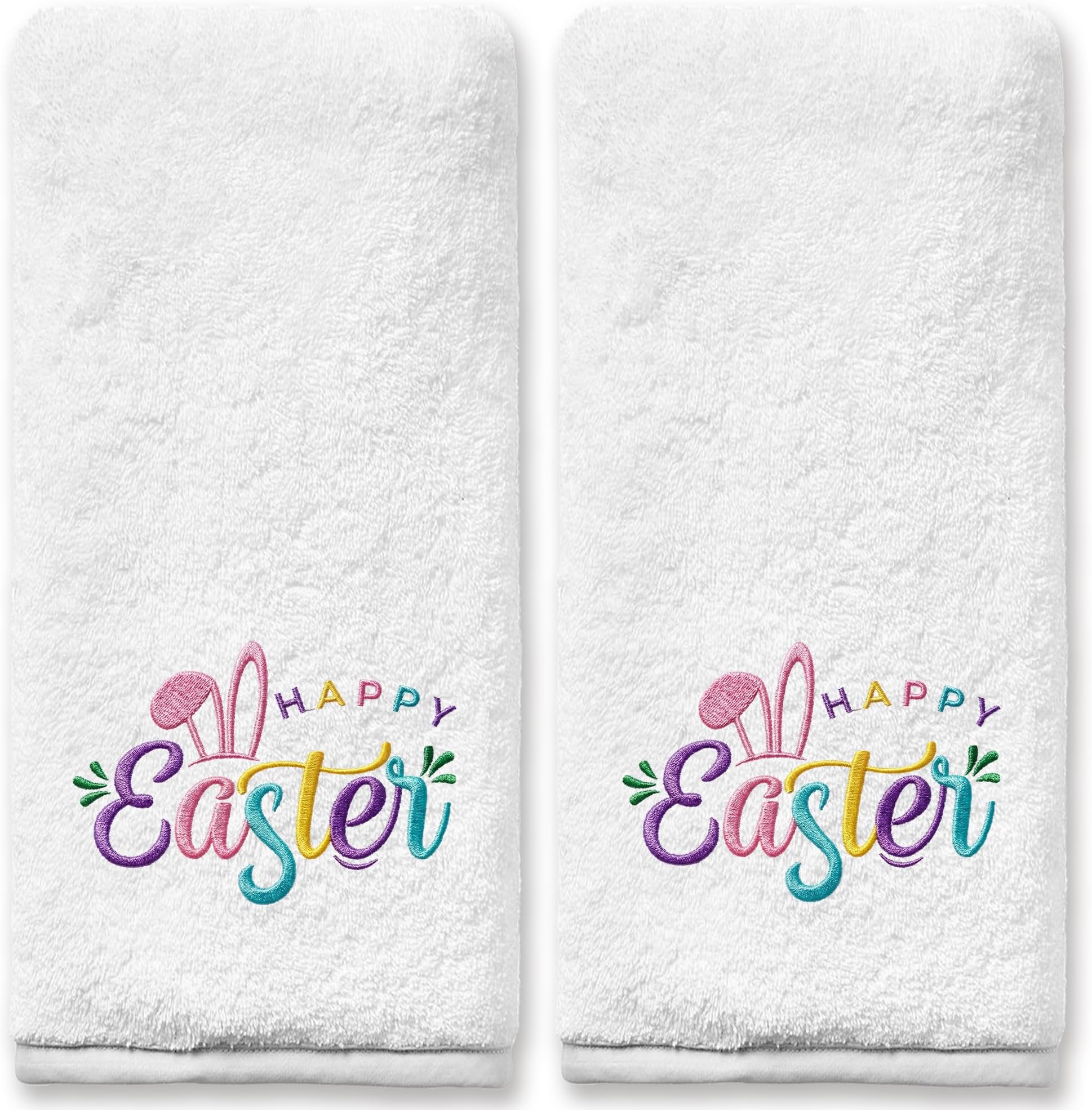 Easter Hand Towels Set of 2, Happy Easter Bathroom Decor Embroidered Rabbit Pattern Harvest Seasonal, Spring Soft Dish Towels for Kitchen Bath 14x30 Inches 100% Cotton