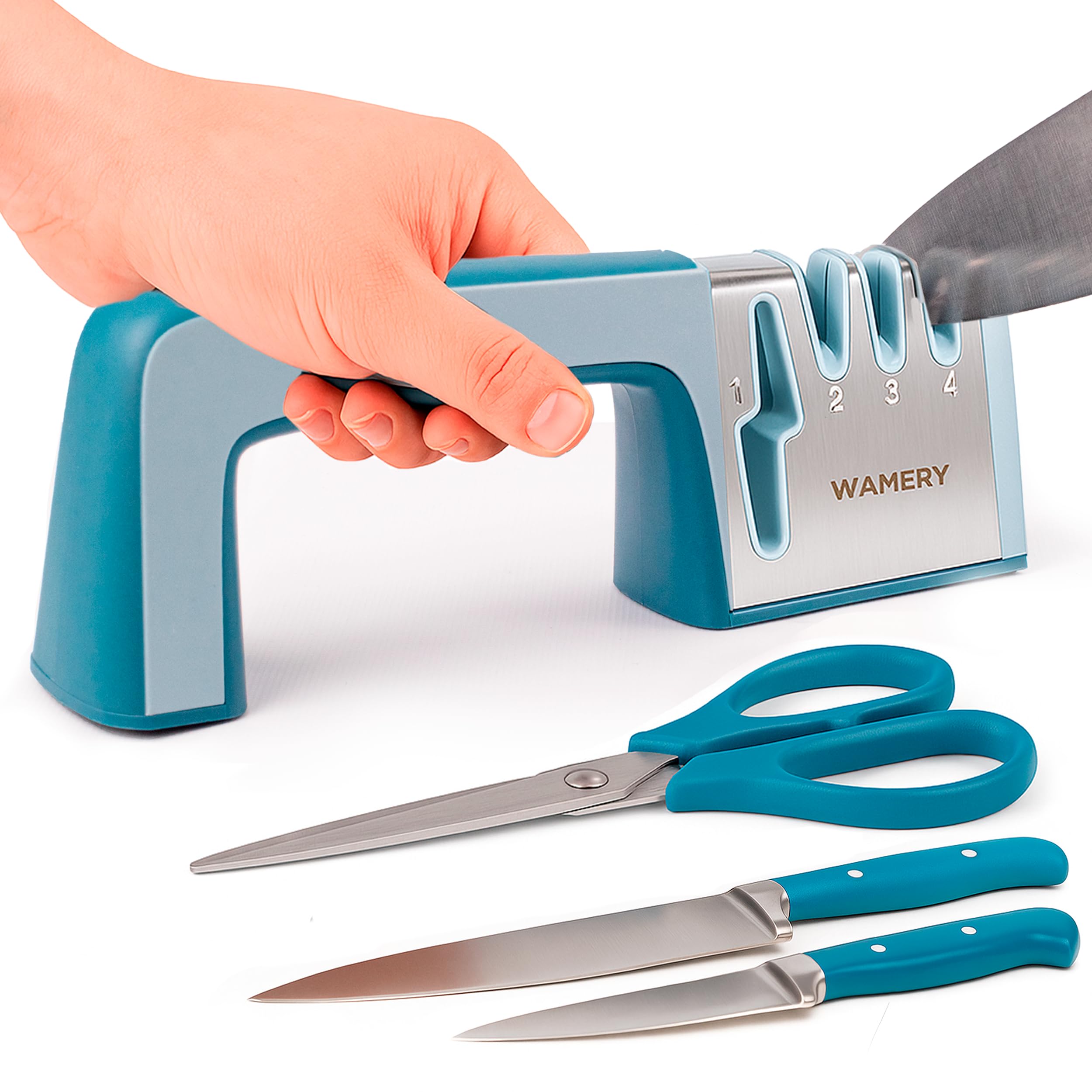 Wamery Knife &amp; Scissors Sharpener, 4-Stage Pull-Through with Scissors Slot