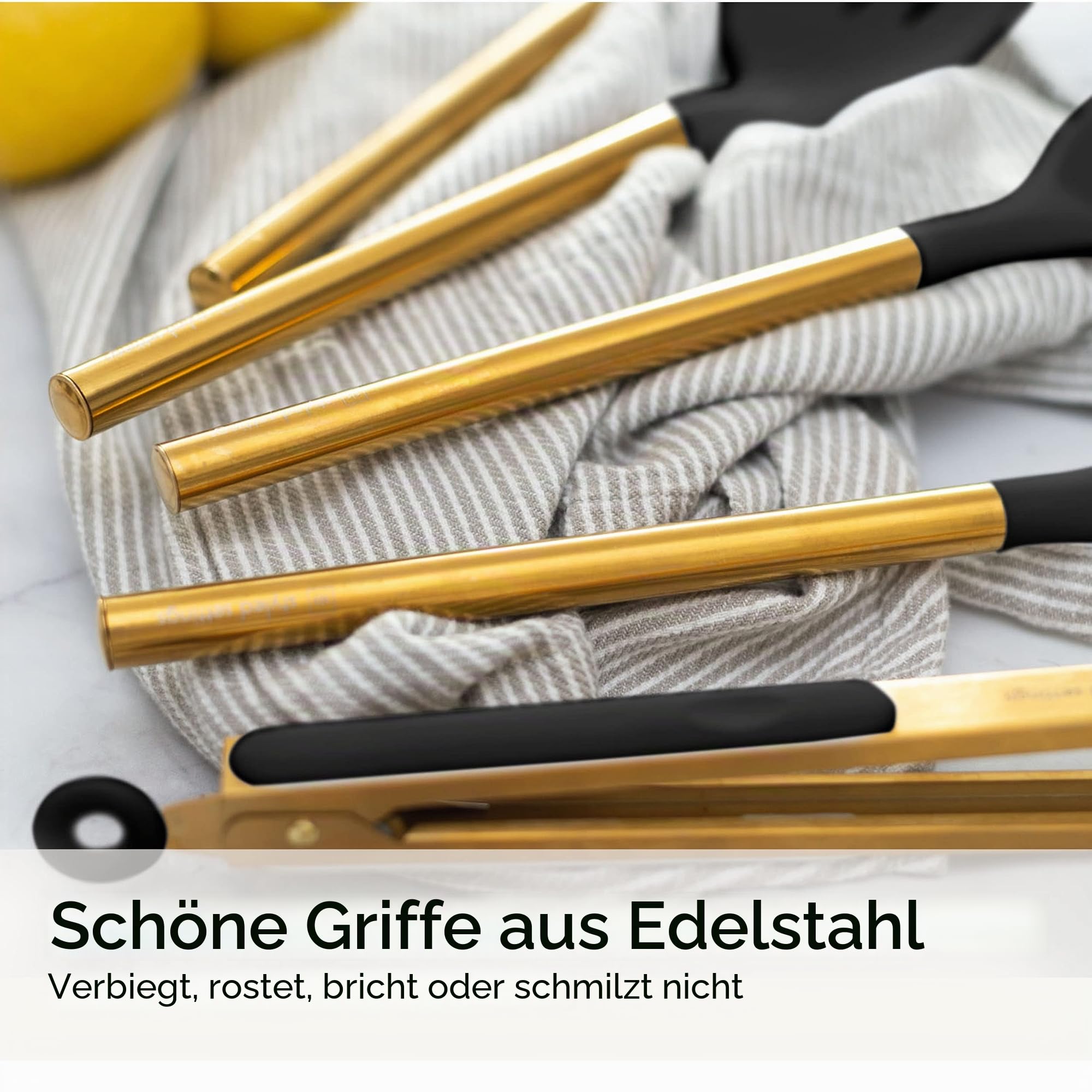 Schwarz-Goldenes Küchenutensilien-Set – 6-teiliges Silikon-Kochset mit Zange, Schneebesen, Löffel, Spatel und Wender – Stilvolle Küchenhelfer & Deko