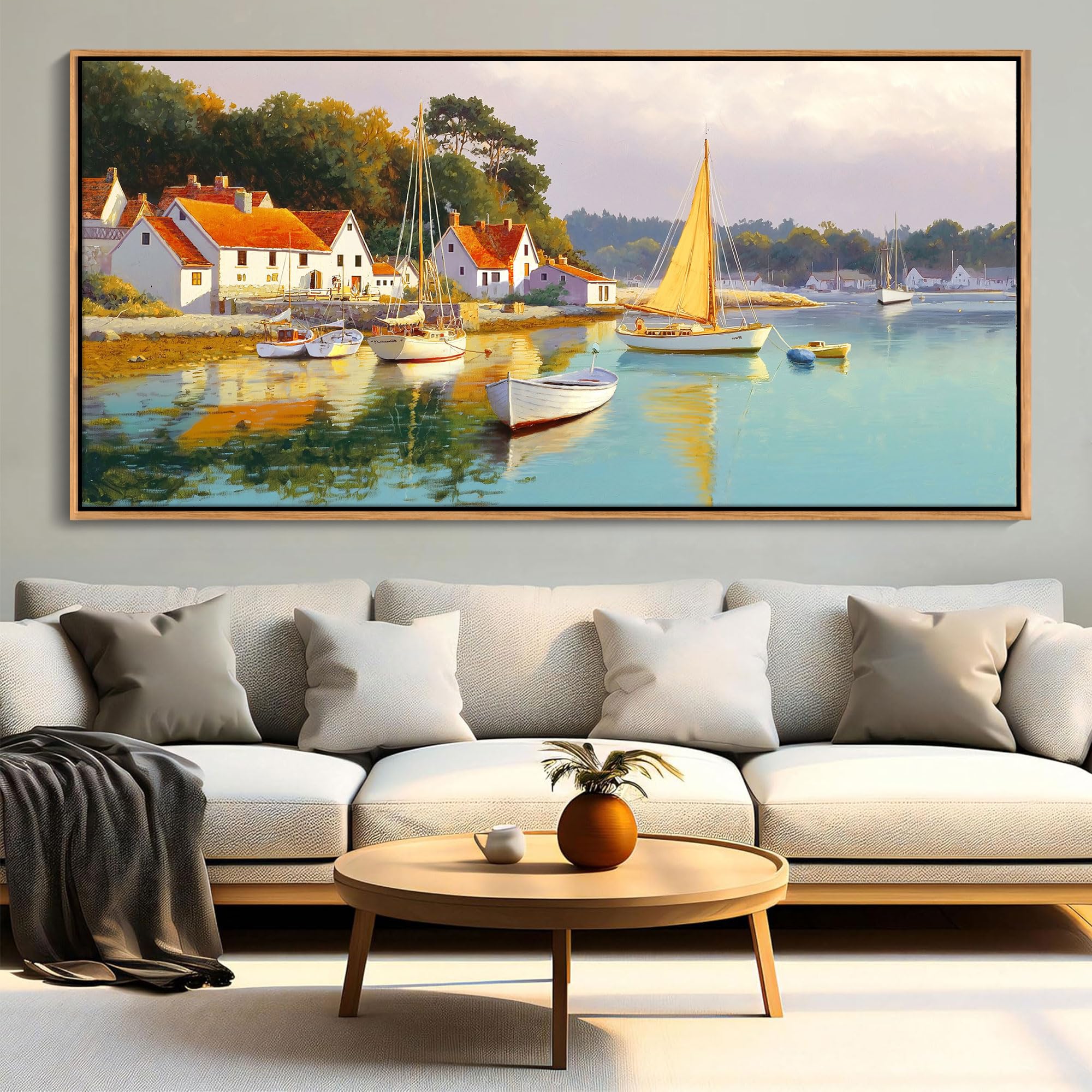AJAZIKO Coastal Wall Art - Rustic Ocean &amp; boat Canvas Art for Living Room &amp; Bedroom Decor - Framed Landscape Artwork for Walls - Italian Farmhouse &amp; Country Wall Decor Print Pictures20x40IN