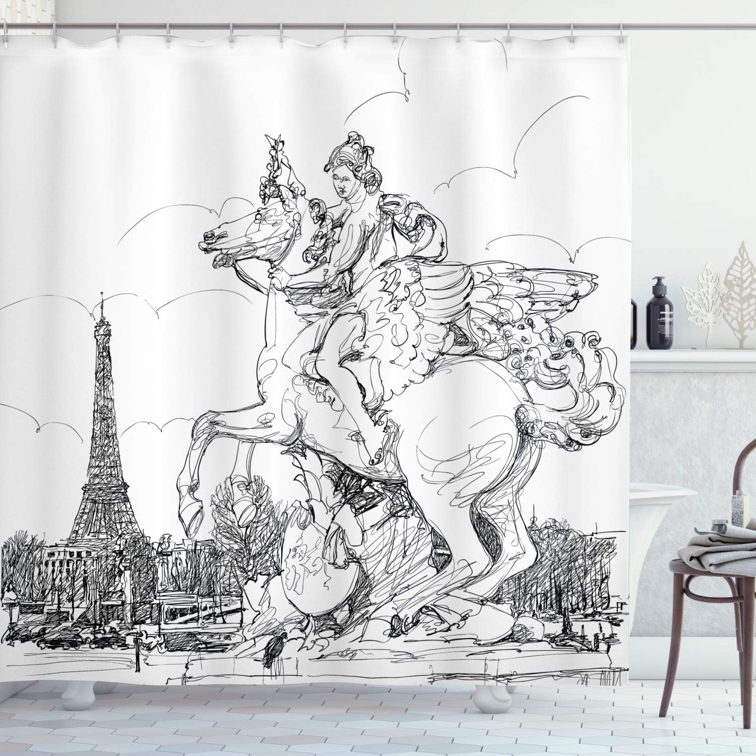 Ambesonne Antique Shower Curtain, European Cityscape France Historical Rearing Horse Eiffel Tower Print, Cloth Fabric Bathroom Decor Set with Hooks, 69" W x 75" L, White Black