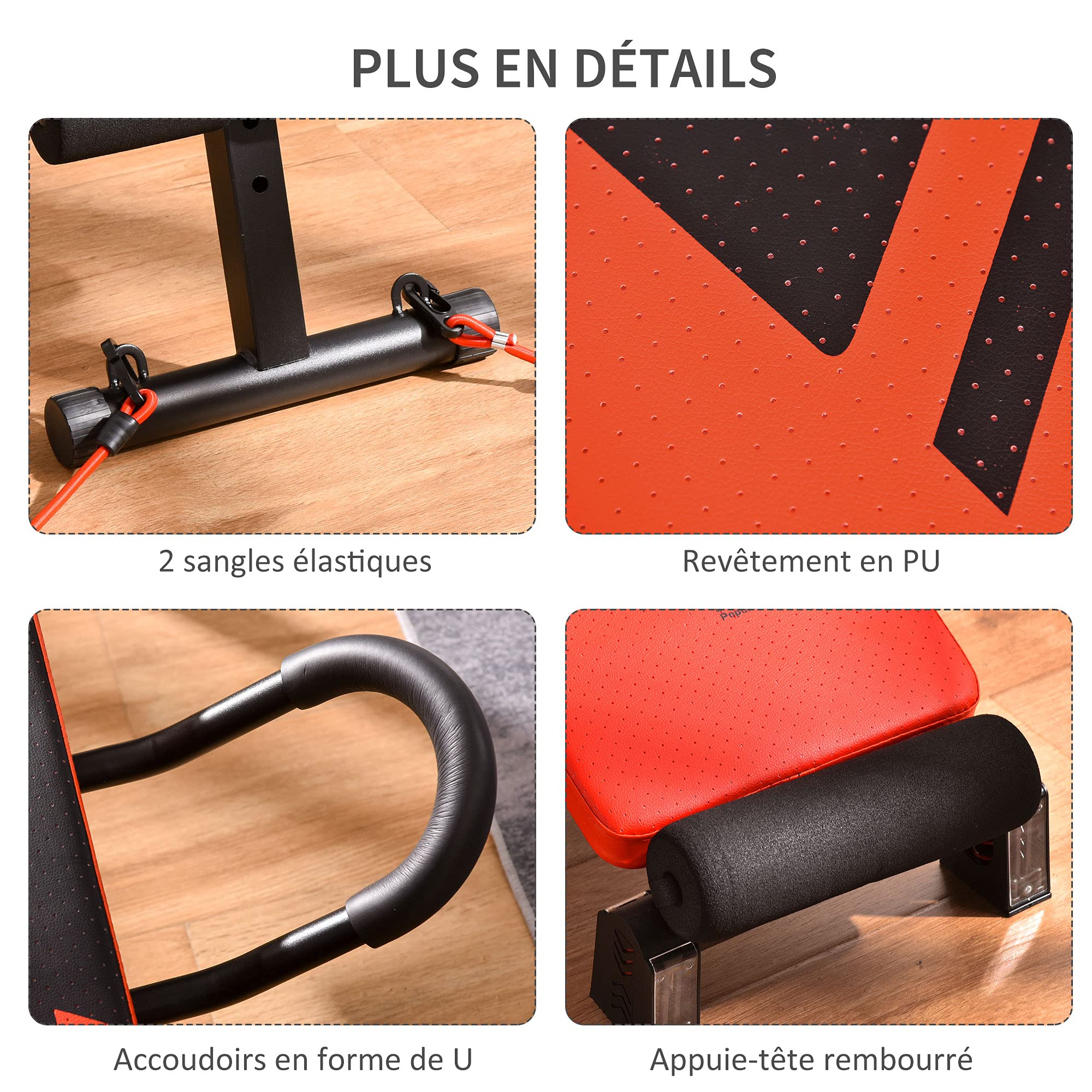 HOMCOM Banc de musculation pliable multifonction appareil fitness sit-up abdo hauteur réglable amortisseurs + sangles élastiques acier revêtement synthétique 137 x 72 x 62 cm rouge noir