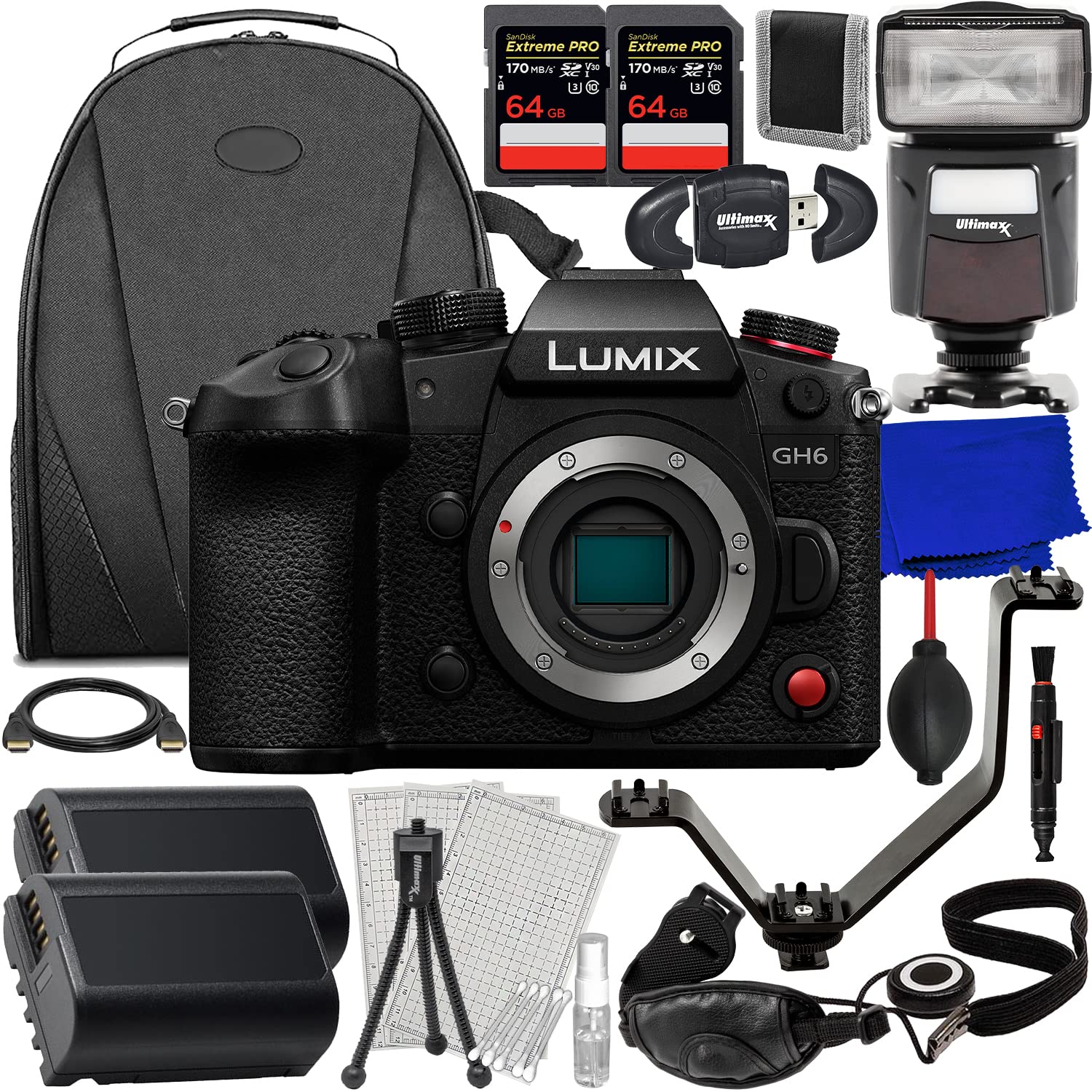 Ultimaxx Essential Bundle + Panasonic Lumix GH6 Mirrorless Camera (Body Only) + 2X SanDisk 64GB Extreme Pro SDXC, 2X Spare Batteries, V-Shaped Bracket, Universal Speedlite & Much More (27pc Bundle)