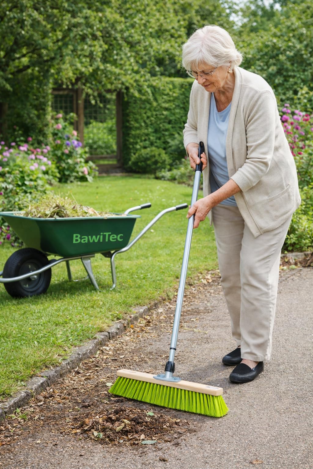 Profi Gartenbesen Besen 40cm mit Teleskopstiel Stiel neon-grüne Borsten | Formstabile und Robuste Elaston-Borsten, Neon-Grün, Straßenbesen für Garten, Haus und Hof