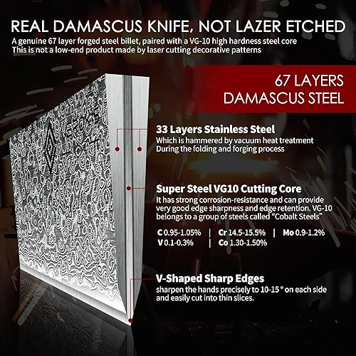 Miniatura 3 de VEROXIS Cuchillo de chef de Damasco de 8 pulgadas, cuchillos de cocina japoneses profesionales afilados de acero de alto carbono con asas