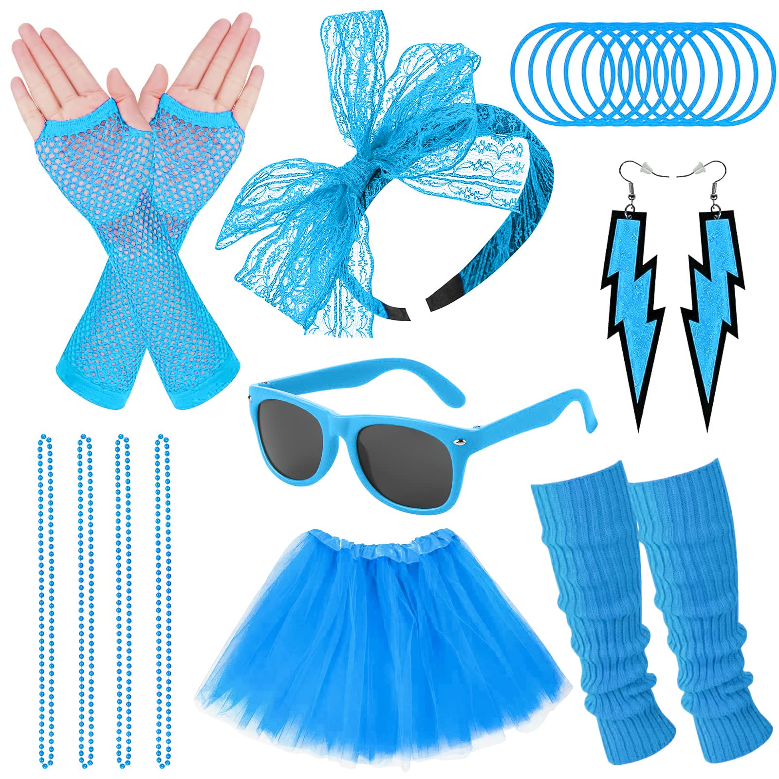 80s Fancy Dress for Women, 1980s Fancy Dress Costume Neon Party Accessories, Tutu Skirt Girls Fishnet Gloves Leg Warmers Necklace Bracelets Headband Earrings Sunglasses 90s Fancy Dress Adults