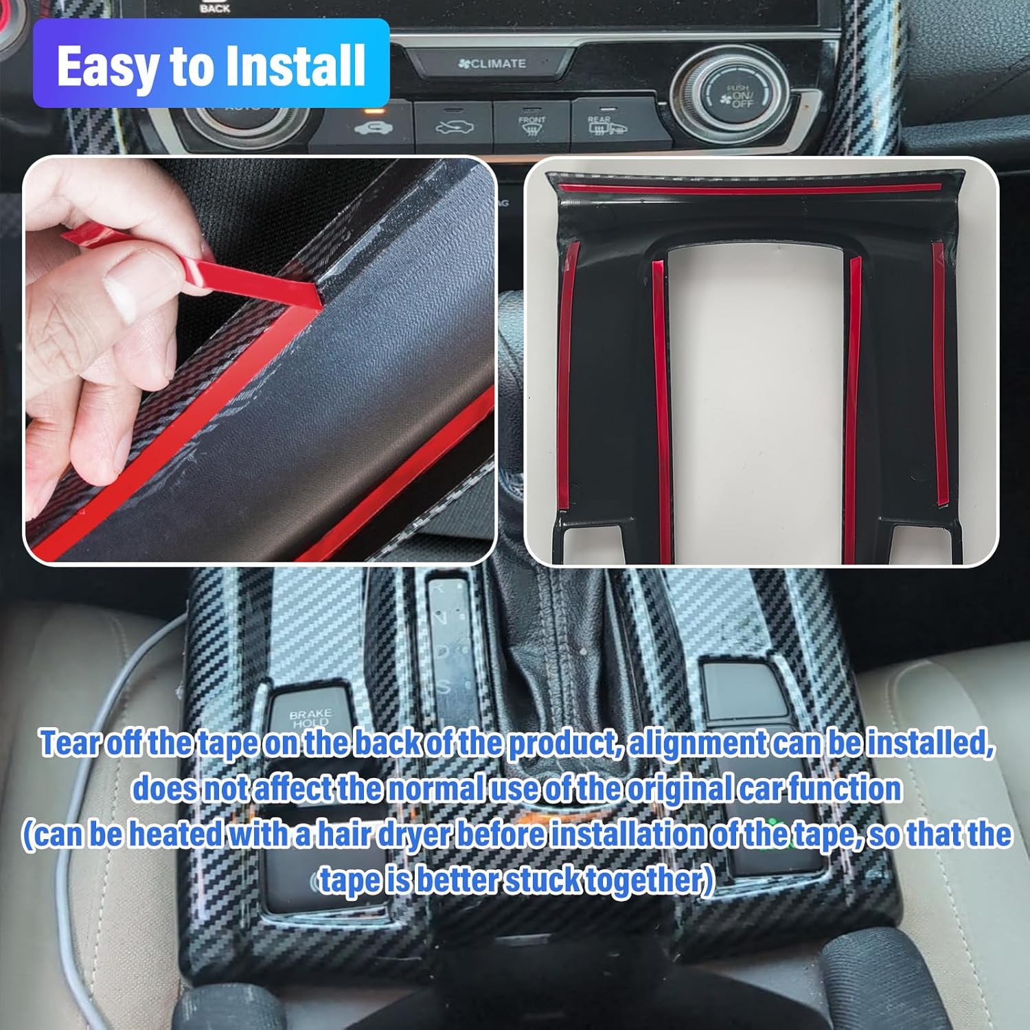 Center Console Automatic Gear Shift Panel Cover ABS Carbon Fiber Compatible with Honda Civic 2016-2021 Center Consoles Cover (4Pcs)
