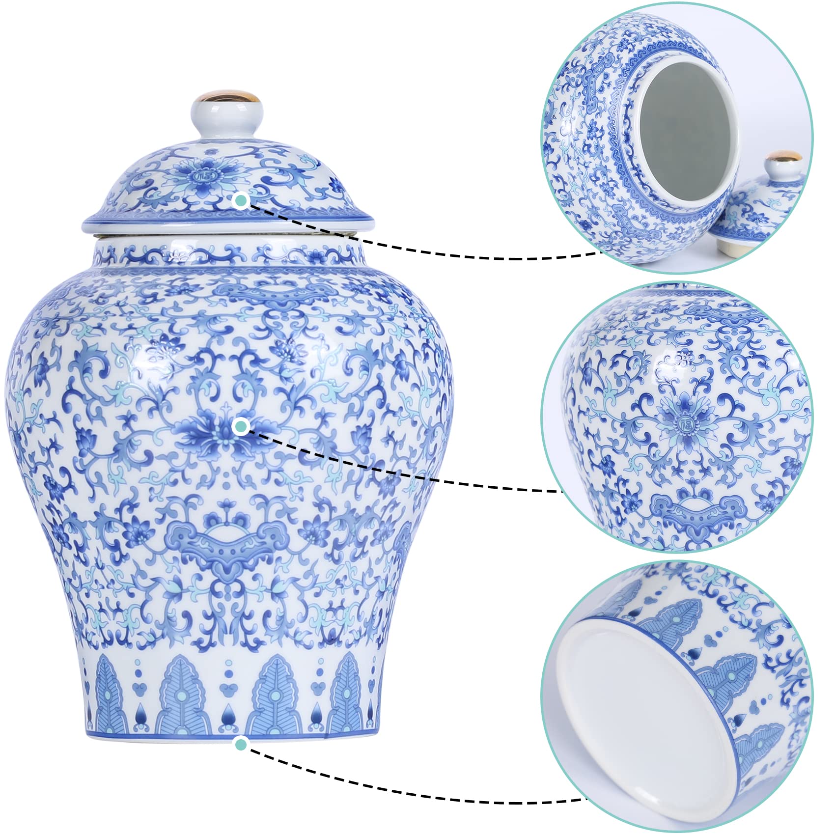 Tarro chino de jengibre con tapa, estilo Ming-Qing, decoración de flores azules y blancas, jarrón cerámico