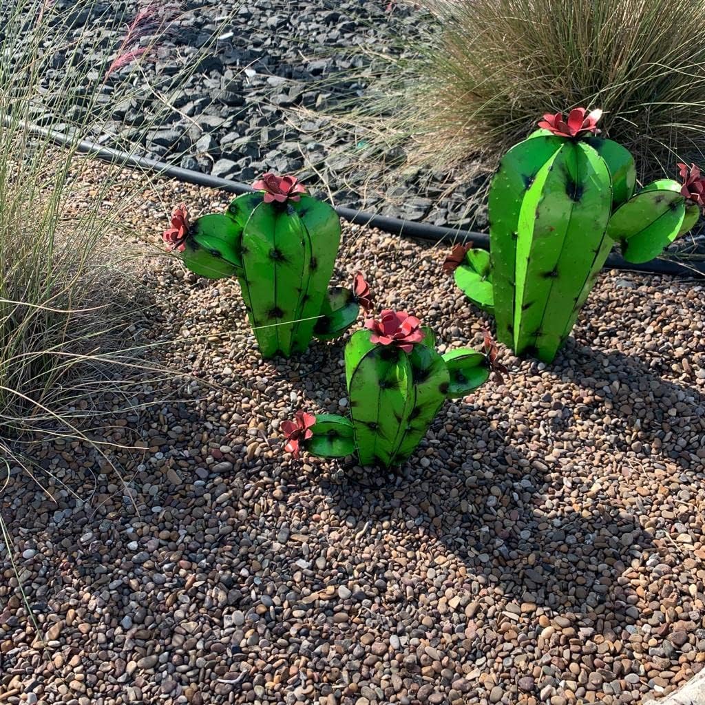 Set of 3 Handmade Metal Cactus - Garden Art, Rustic Cactus, Cactus Decor, Colorful Metal Cactus Yard Decor Desert Landscape (Lime)