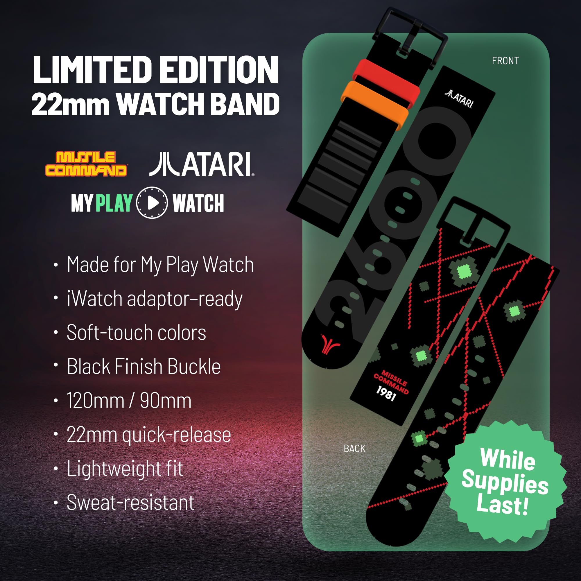 Atari 2600 Missile Command Themed Bonus Band, oficjalnie licencjonowany do smartwatcha do gier retro, bezpłatny przy zakupie ze smartwatchem Atari 2600
