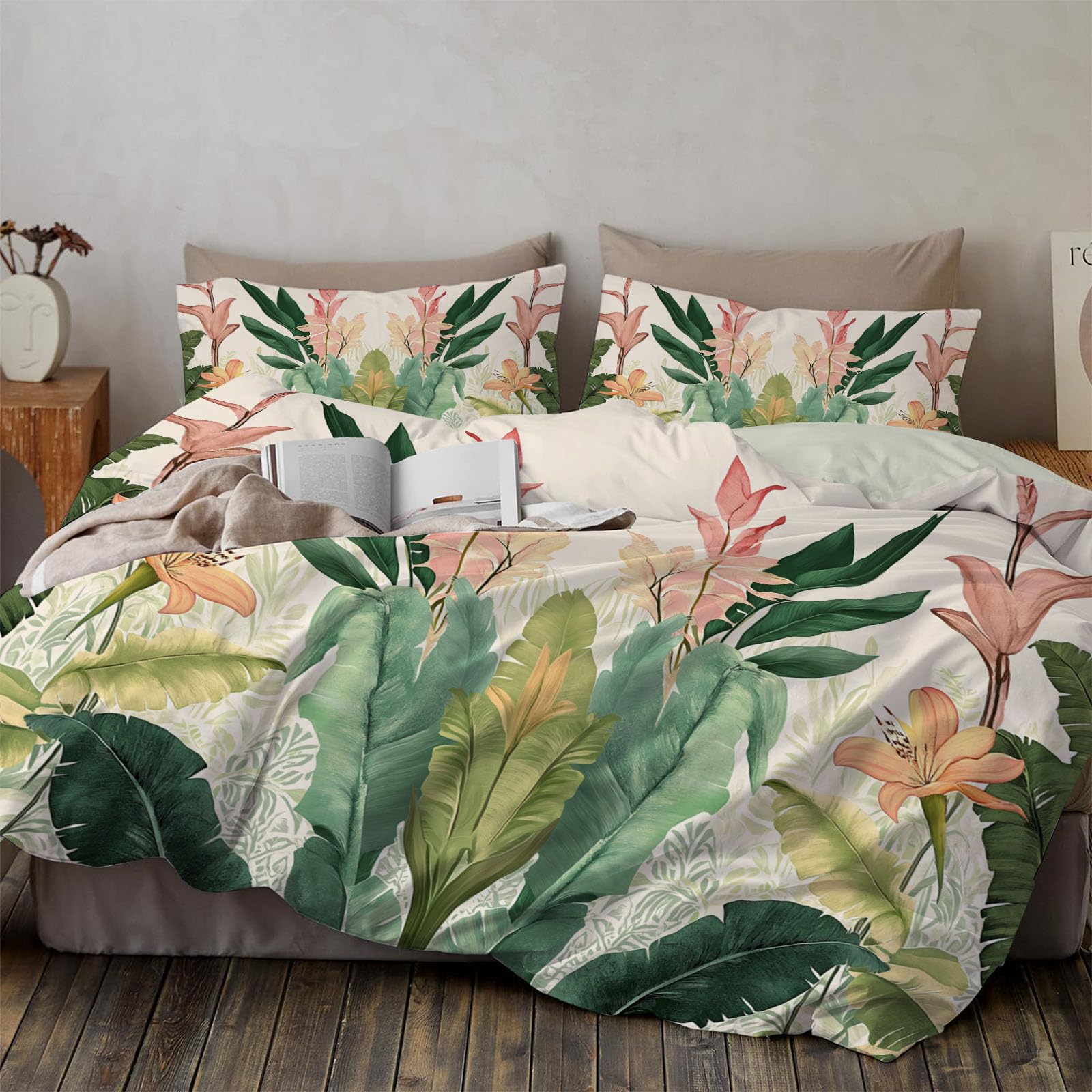 WunM StudioBanana Leaf Coconut Tree Duvet Cover King Duvet Cover Set Tropical Retro Plants Modern Bedding Sets With Zipper Closure And Corner Ties,Easy-Care,Soft-Insert,Reversible Bedding Set