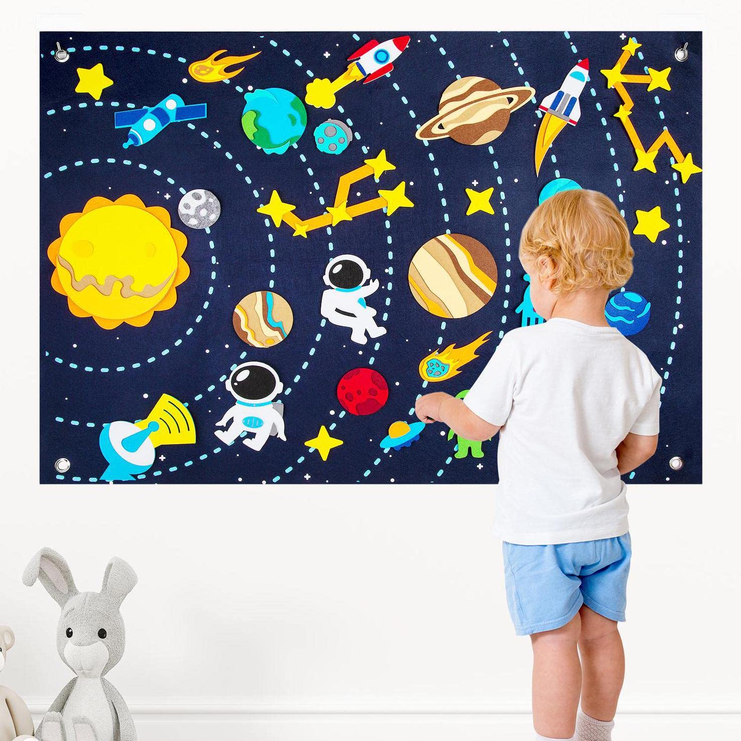 Photo 1 of 2 PACK Etcokei 35PCS Outer Space Felt Story Board for Toddlers Solar System Set with Planetary Commentary Card Astronaut Alien Storytelling Interactive Play Kit with Hooks  AND Solar System for Kids HiSMAHO Electronic Interactive Animal Wall Chart, Knowin