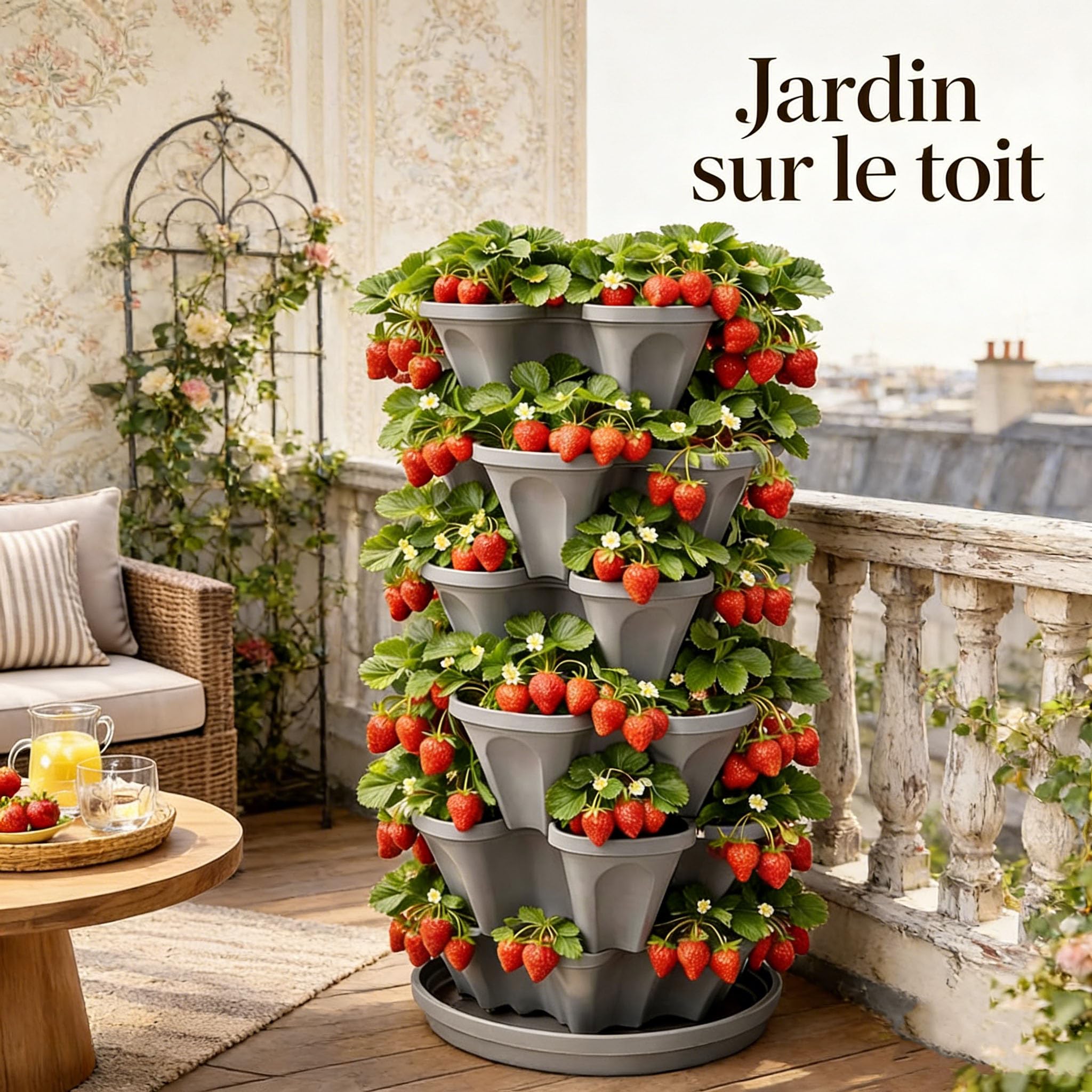 Générique Tour A Fraisier, Bac A Fraise en Hauteur, 6 Niveaux pour Fraises Et Herbes Aromatiques, avec Soucoupe À roulettes Amovibles, Tour De Plantation Gain De Place pour Balcon (6B)