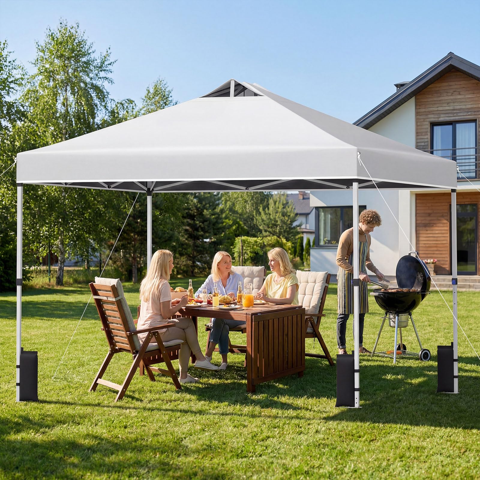 COSTWAY Tonnelle Pliante 3x3 m, Tonnelle de Jardin Exterieur, Montage Instantané, Toit à Revêtement Argenté, Anti UV, 4 Sacs de Sable, Sac à roulettes, Tente pour Camping, Plage, Fête (Blanc)
