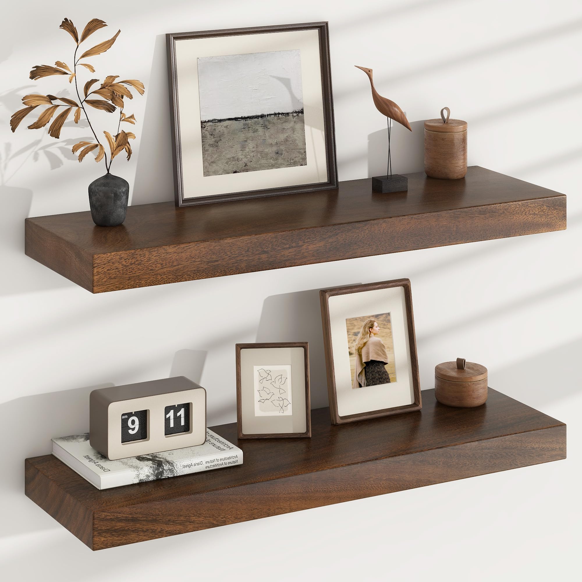 Floating Shelves for Wall, USA-Sourced Walnut Wood 30 Inch Wall Shelves Set of 2, Natural Wooden Mounted Picture Ledge Shelf, Nursery Book Storage Shelf Kids Bookshelf Display, Shelf for Bathroom