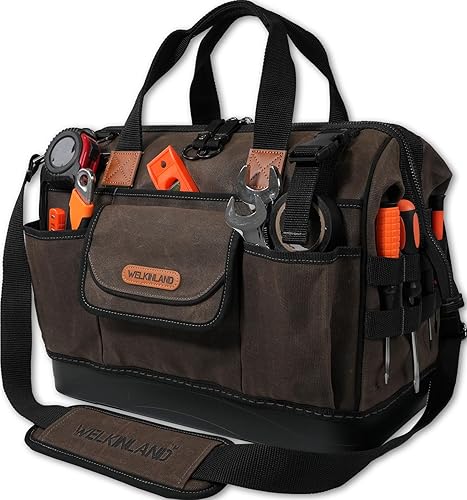 WELKINLAND Bolsa de herramientas de lona encerada de 45 bolsillos, Bolsa de herramientas de electricista resistente de 16 pulgadas, Bolsas de