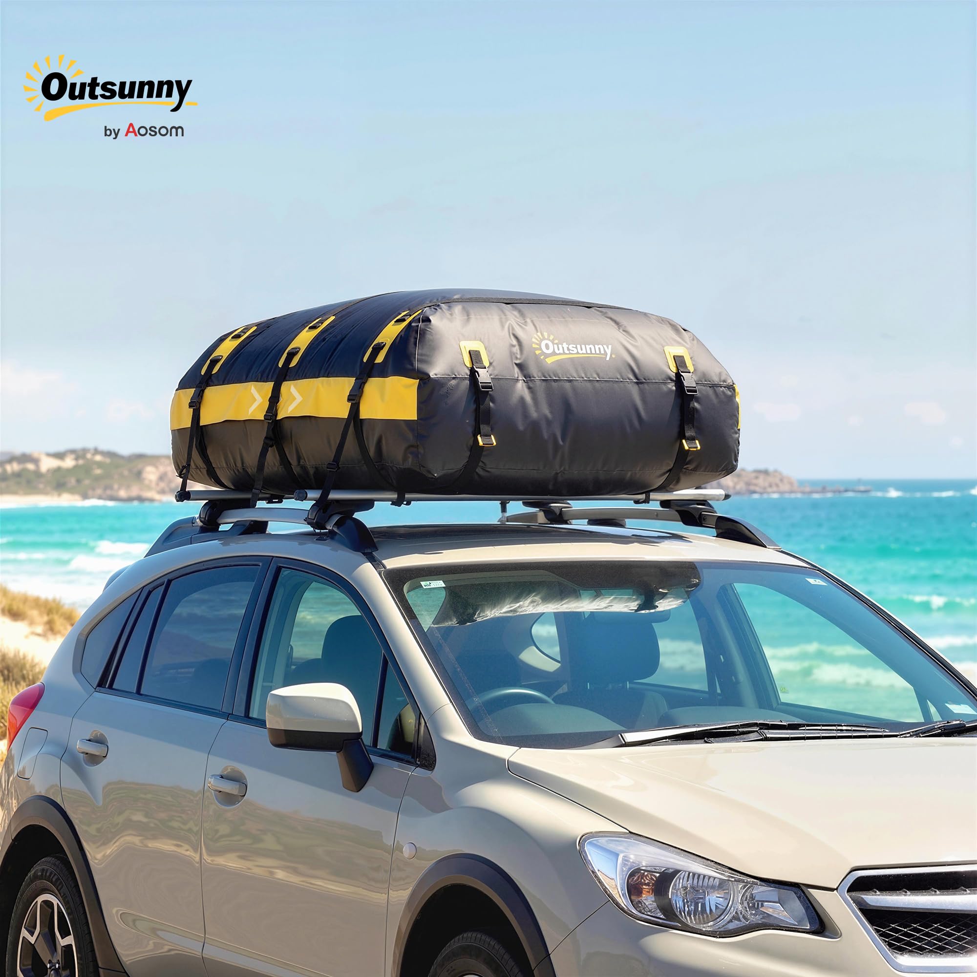 Outsunny Dachgepäcktasche mit Schloss, 21 cu ft, Gelb, mit/ohne Träger | Wasserfest, Reflektierende Pfeile, Weiche Dachbox, Dachgepäckträger, 7 verstärkte Gurte, Anti-Rutsch-Matte, Türhaken