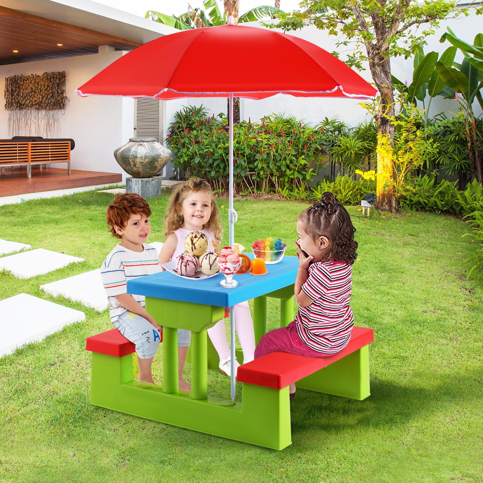 DORTALA Kids Picnic Table, Outdoor Toddler Table and Bench Set with Removable Umbrella, Plastic Kids Activity Table Set for Backyard, Garden, Nursery, Gift for Boys Girls Age 3+, Red