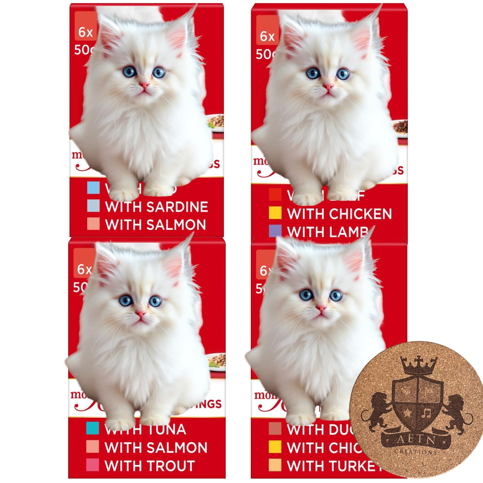 AETN Creations Gourmet-Style Adult Wet Cat Food Variety Pack – 24 x 50g Pouches in 4 Flavours (Fish & Meat Selection) + Fun Collectable Cat Quote Coaster