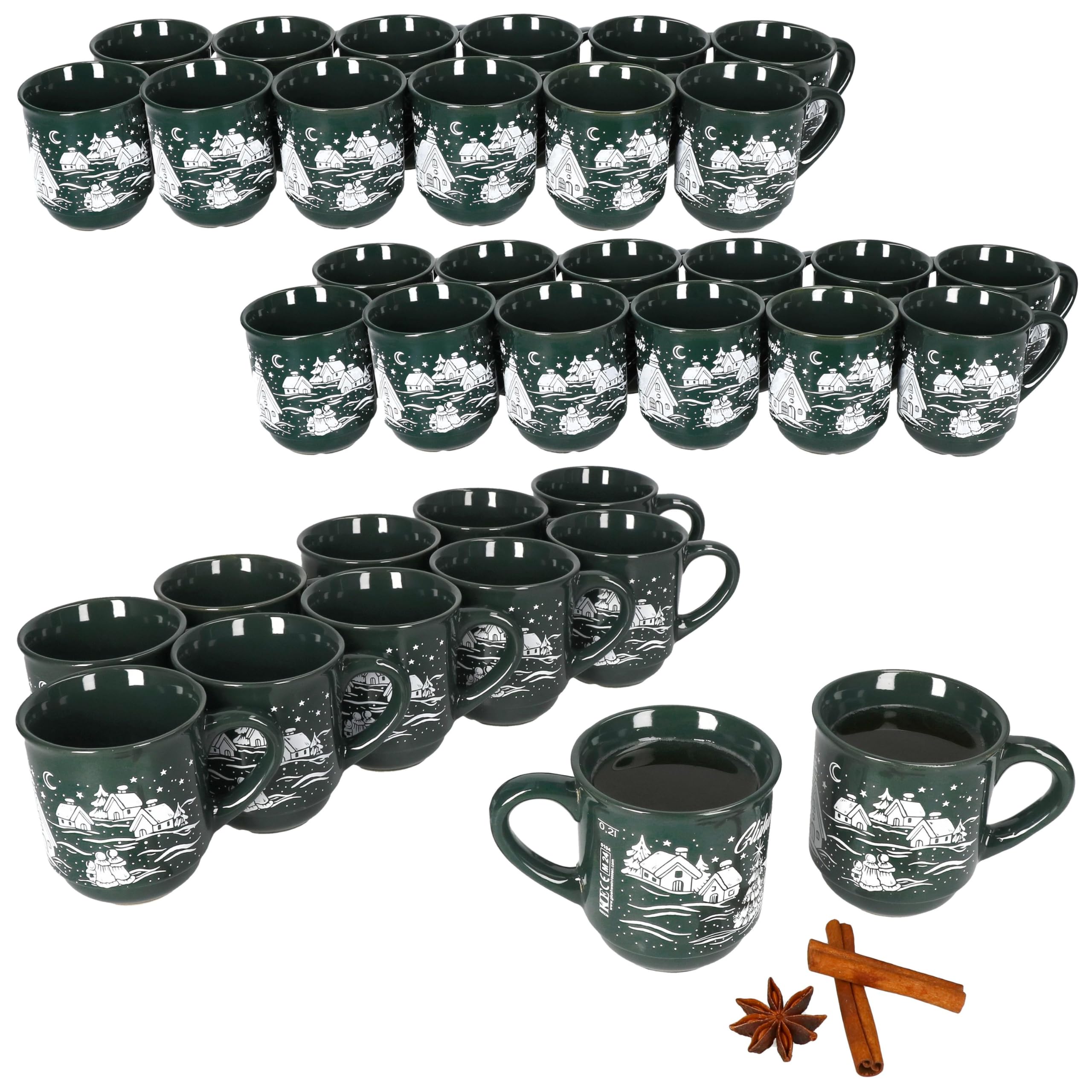 MamboCat 36er Set Glühweinbecher 0,2L grün Weihnachtslandschaft I Klassische Keramik Glühweintassen I geeicht I ideal für den Weihnachtsmarkt