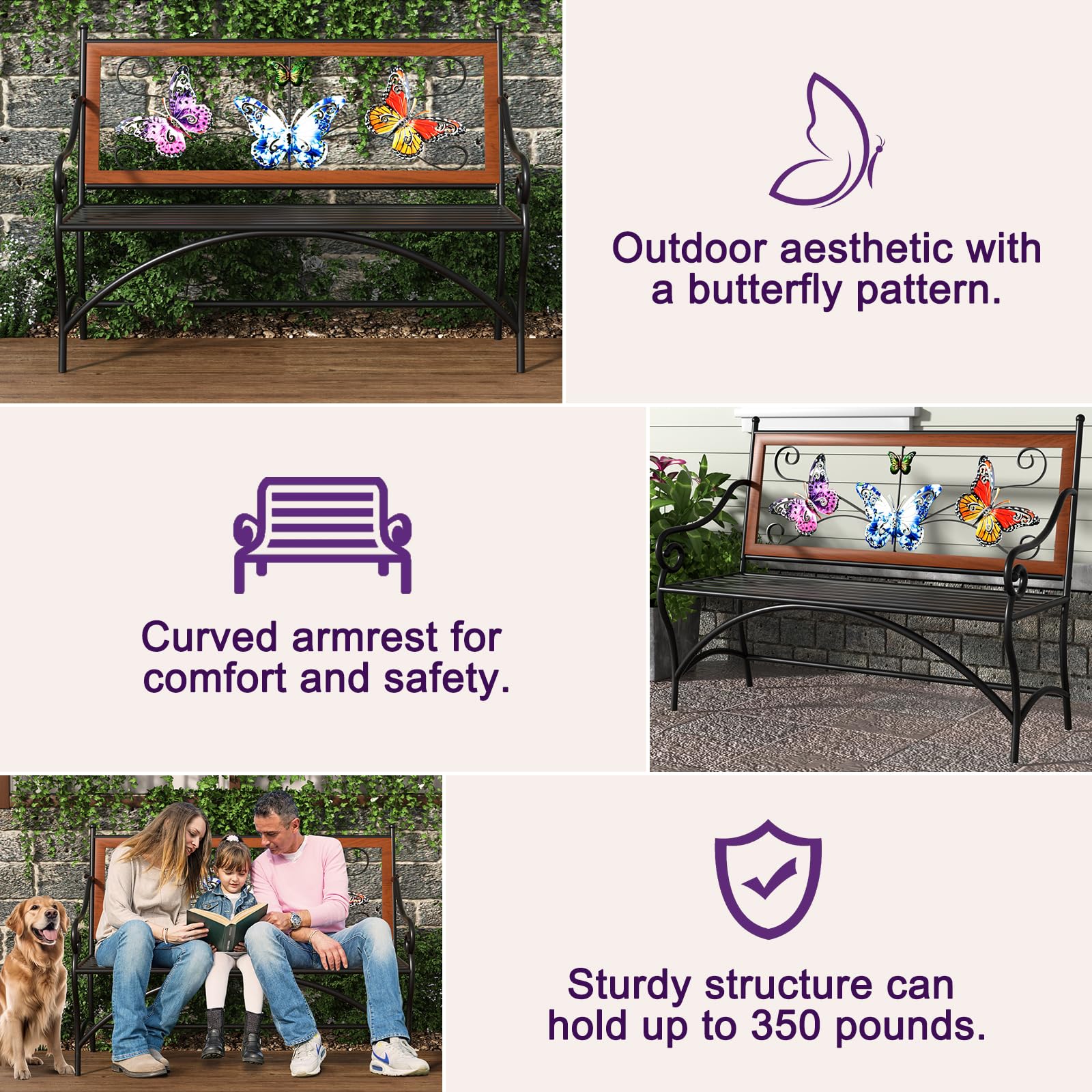 Banco para exteriores de 39.7 pulgadas, banco de jardín, banco de patio con reposabrazos, asiento de listones y respaldo con patrón de mariposa para exterior, porche delantero, parque, césped, patio 3