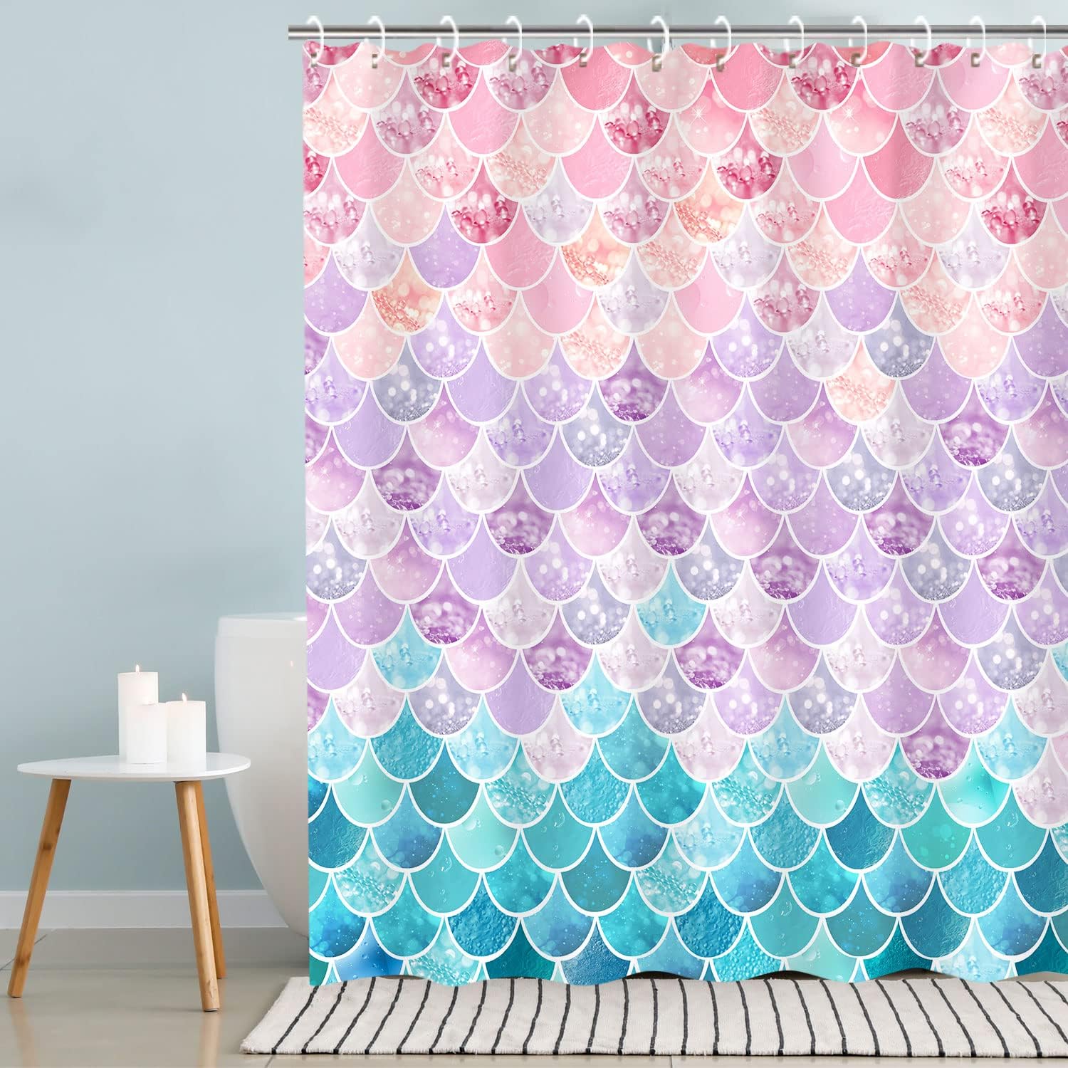 RosieLily Shower Curtain 3D Mermaid Scales, Lilac Purple Pink Blue Ocean Theme, Bathroom Bedroom Wall Decor as Tapestry and Photo Booth Backdrop 72 inch