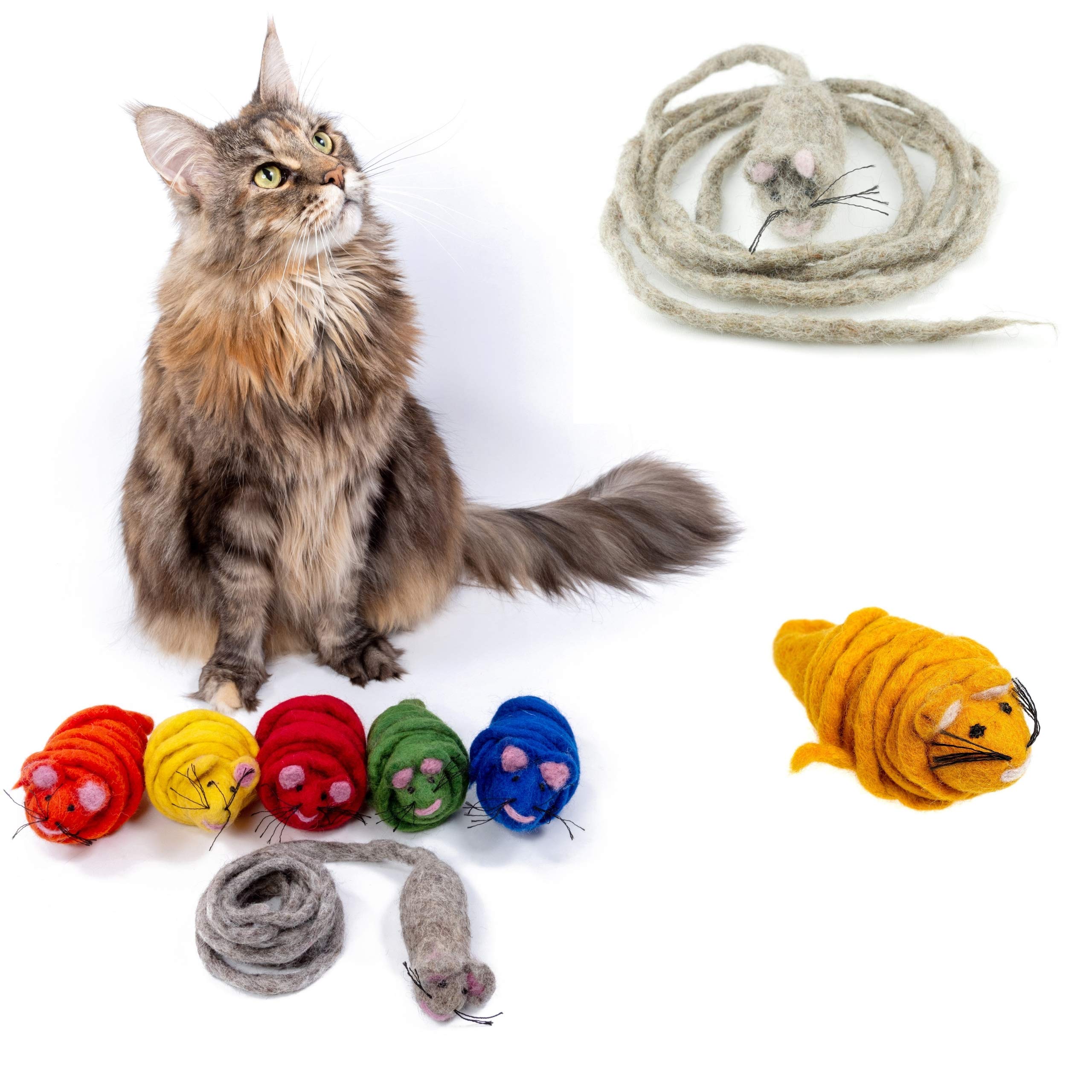 Mimis Daughters Felt Wool Natural Cat Kitten Chew Mouse Scratch Chase Play Toy - Interactive Exercise 2M Long Tail - For Indoor Cats - Unique Handmade Felt Cat Toy