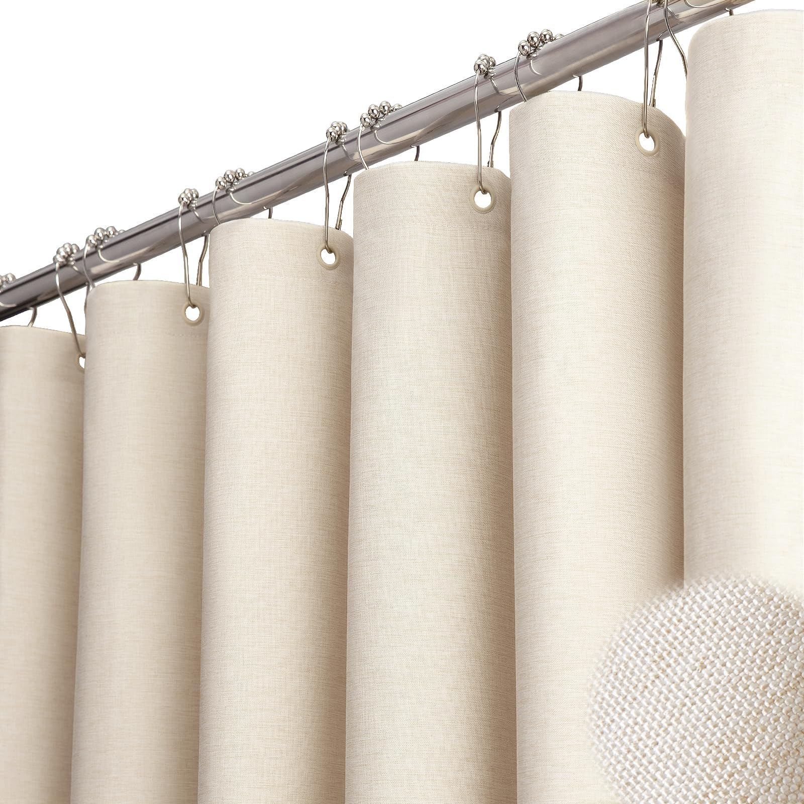 BTTN 72x78 Linen Textured Waterproof Fabric Shower Curtain Set, Beige/Cream